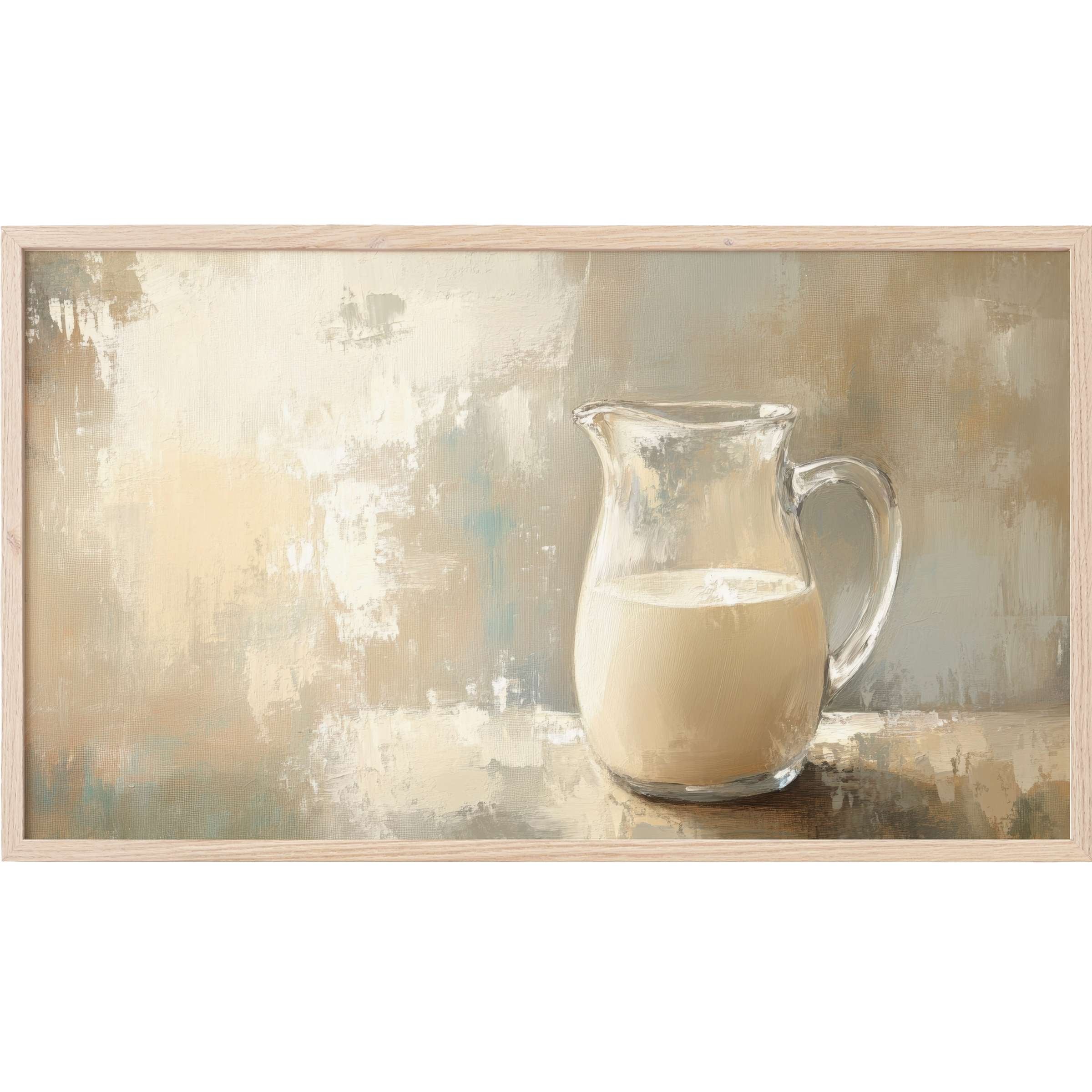 Farmhouse Frame TV Art featuring a glass pitcher with milk in soft beige, cream, and muted gray hues