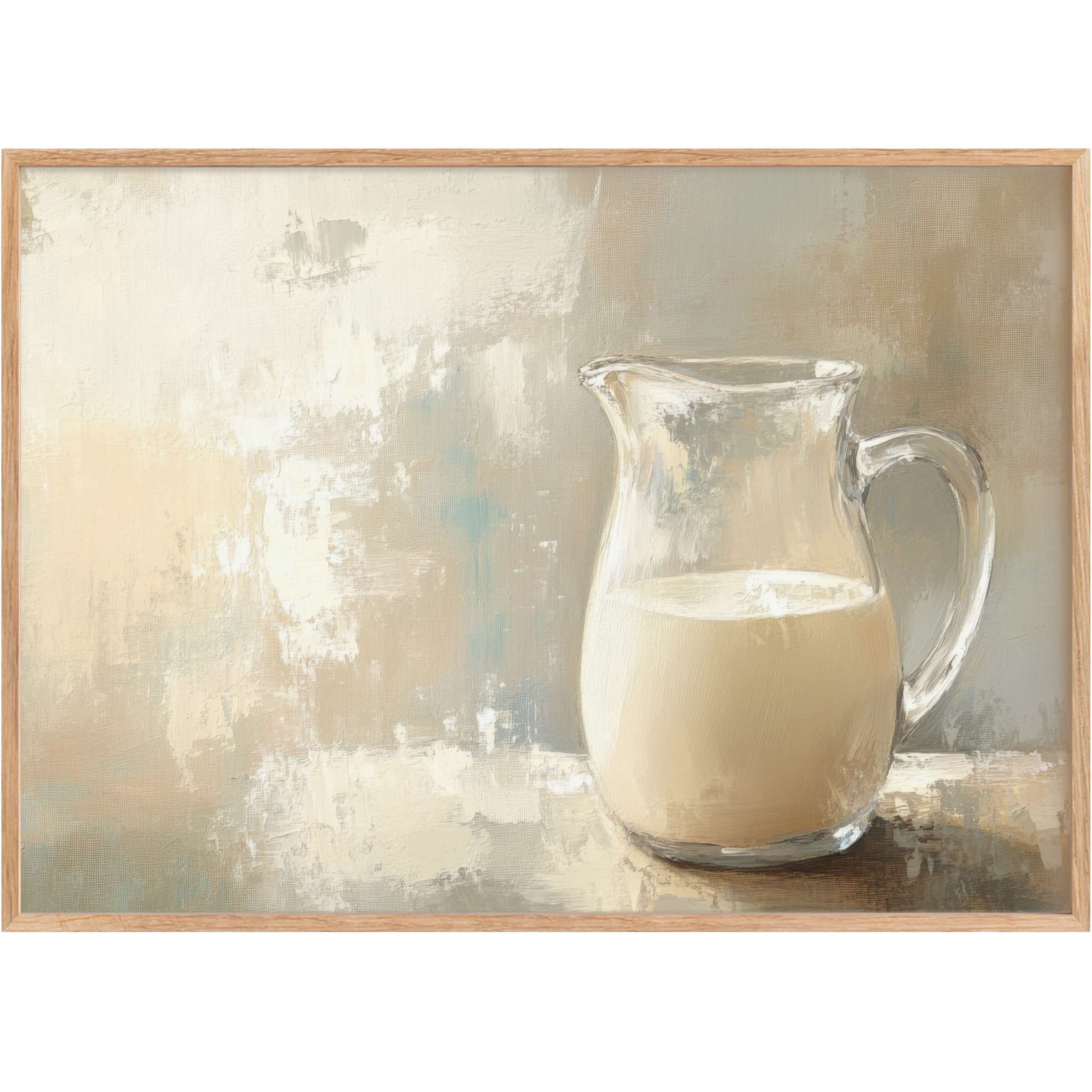 Serene farmhouse printable wall art featuring a glass milk pitcher in muted creams and soft grays, evoking calm warmth