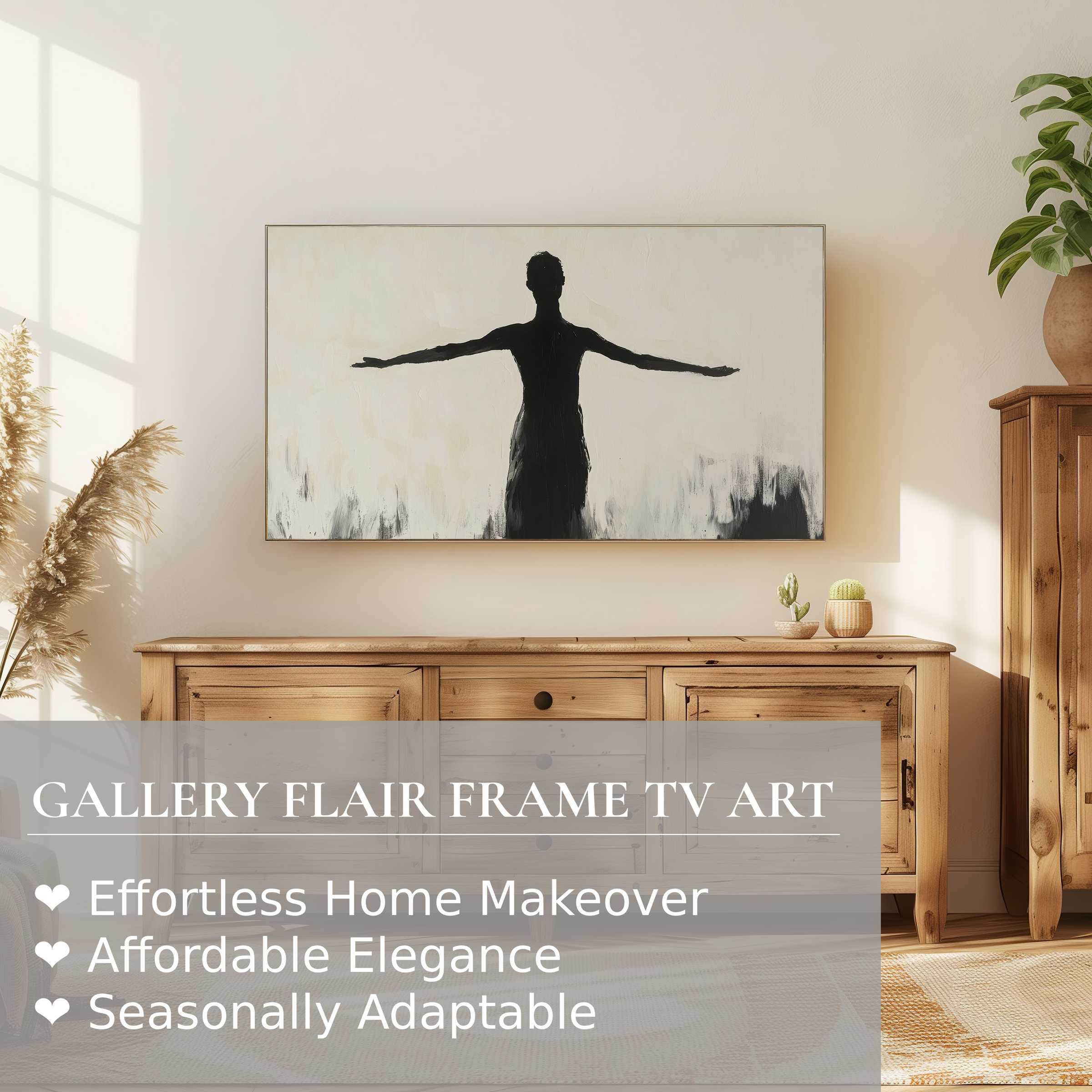 Minimalist digital artwork of a silhouette on Samsung Frame TV in a warm, elegant wood-furnished living space