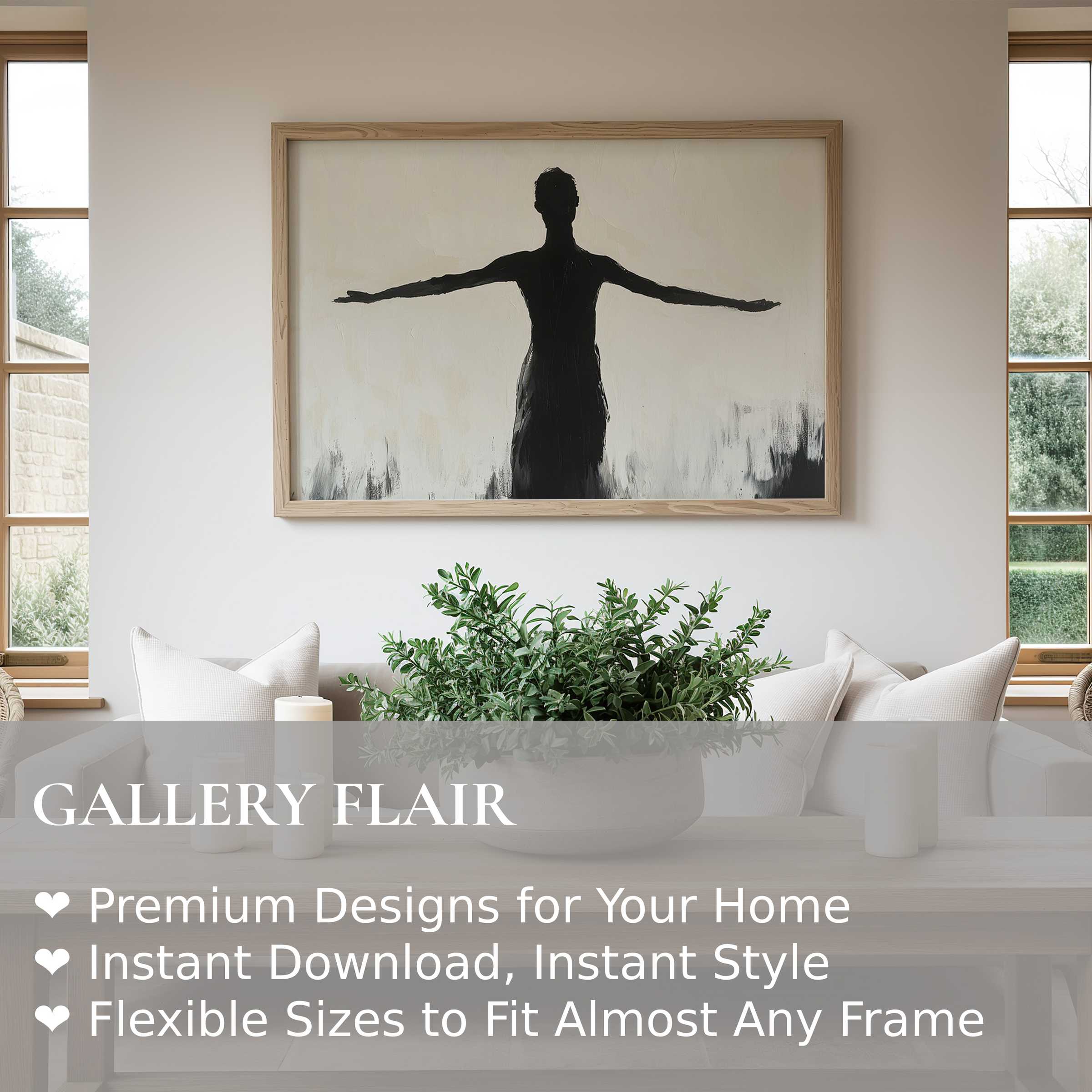 Minimalist wall art print featuring a bold black silhouette with outstretched arms, radiating calm in a modern, natural-lit living space