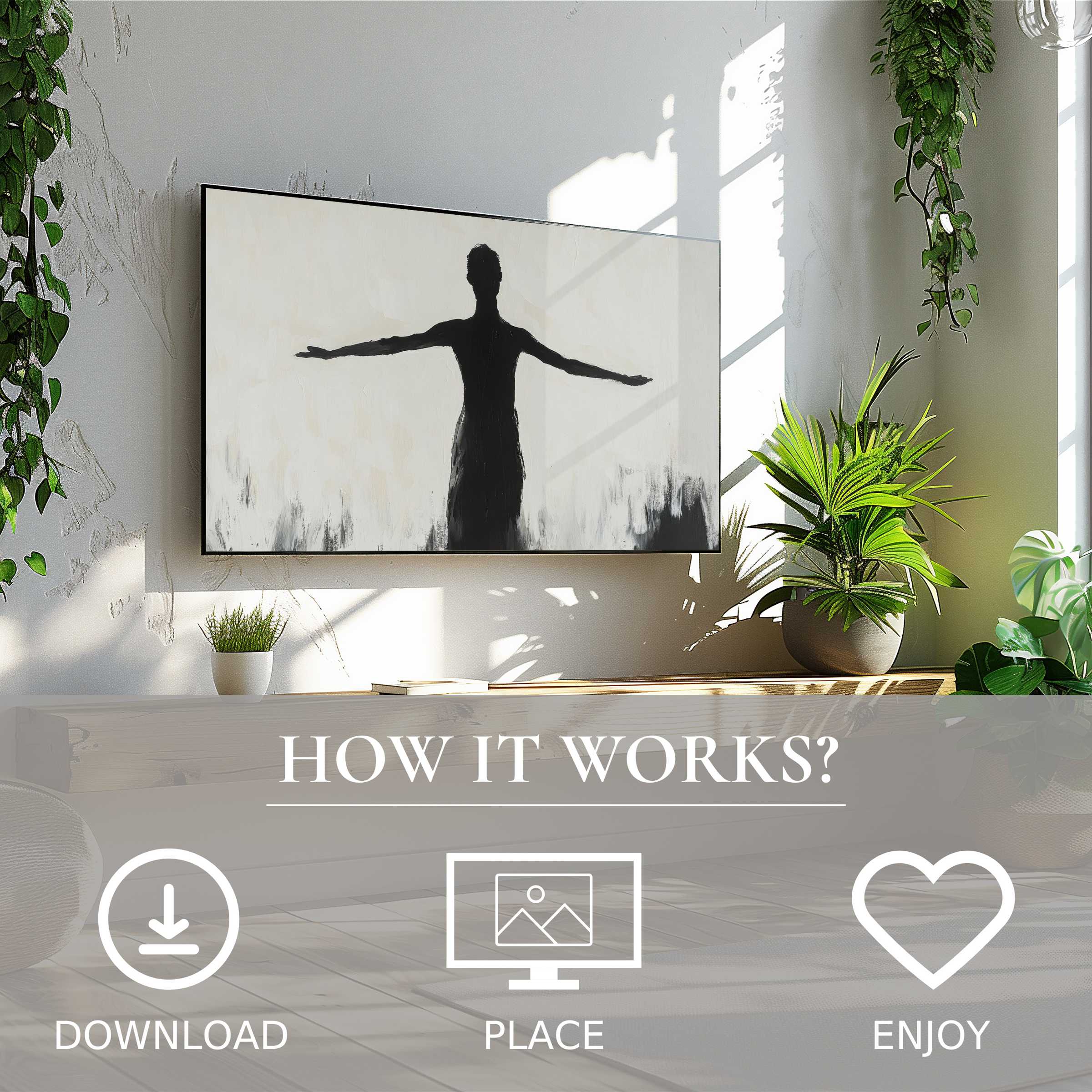 Minimalist art for Samsung TV with soft monochrome figure, easy digital download enriching bright, plant-filled living spaces
