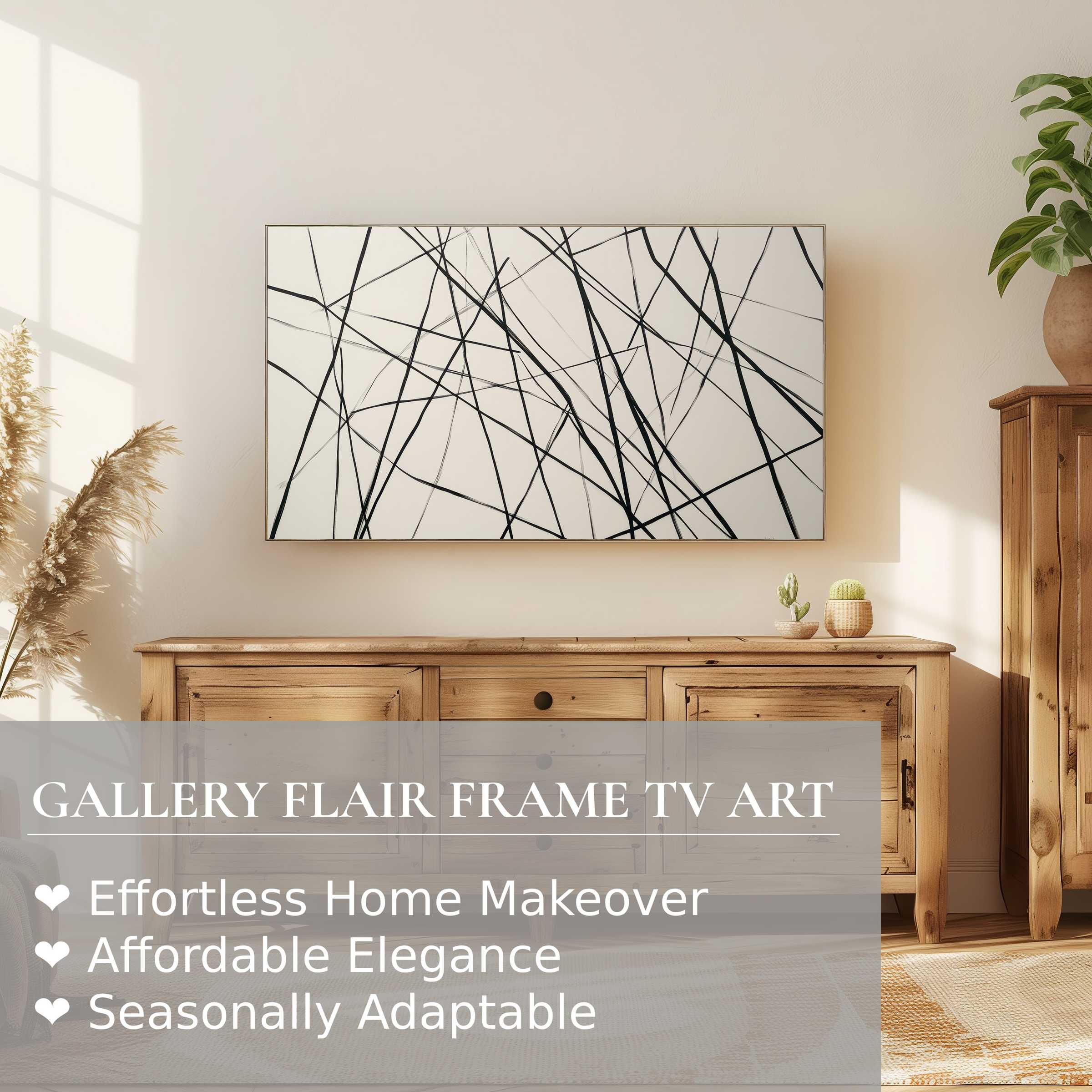 Samsung Frame TV displays modern digital artwork in a minimalist, sunlit living room with natural wood accents