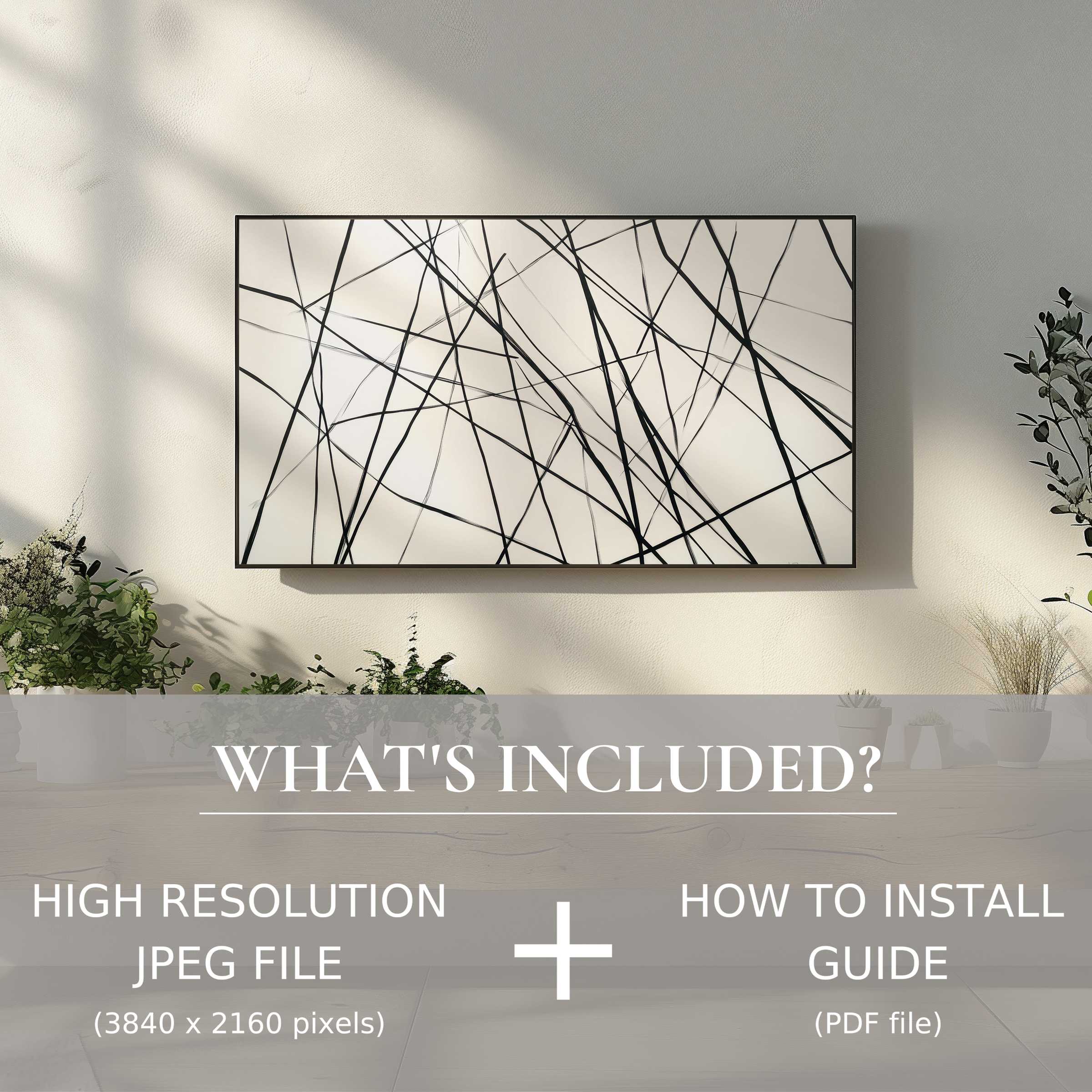 Elegant modern digital TV art download enhancing your space with easy, high-res use and minimalist black line design