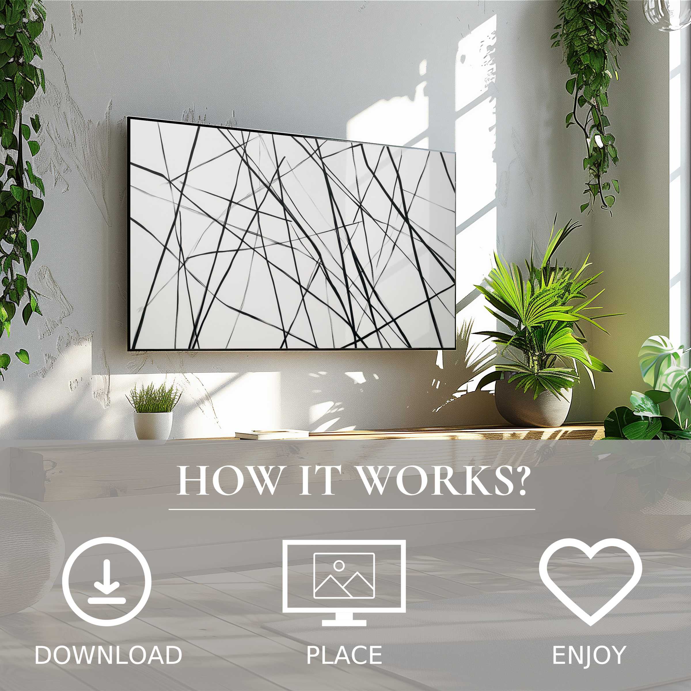 Modern art for Samsung TV with sleek line motif, easy digital download, enhancing minimalist living spaces