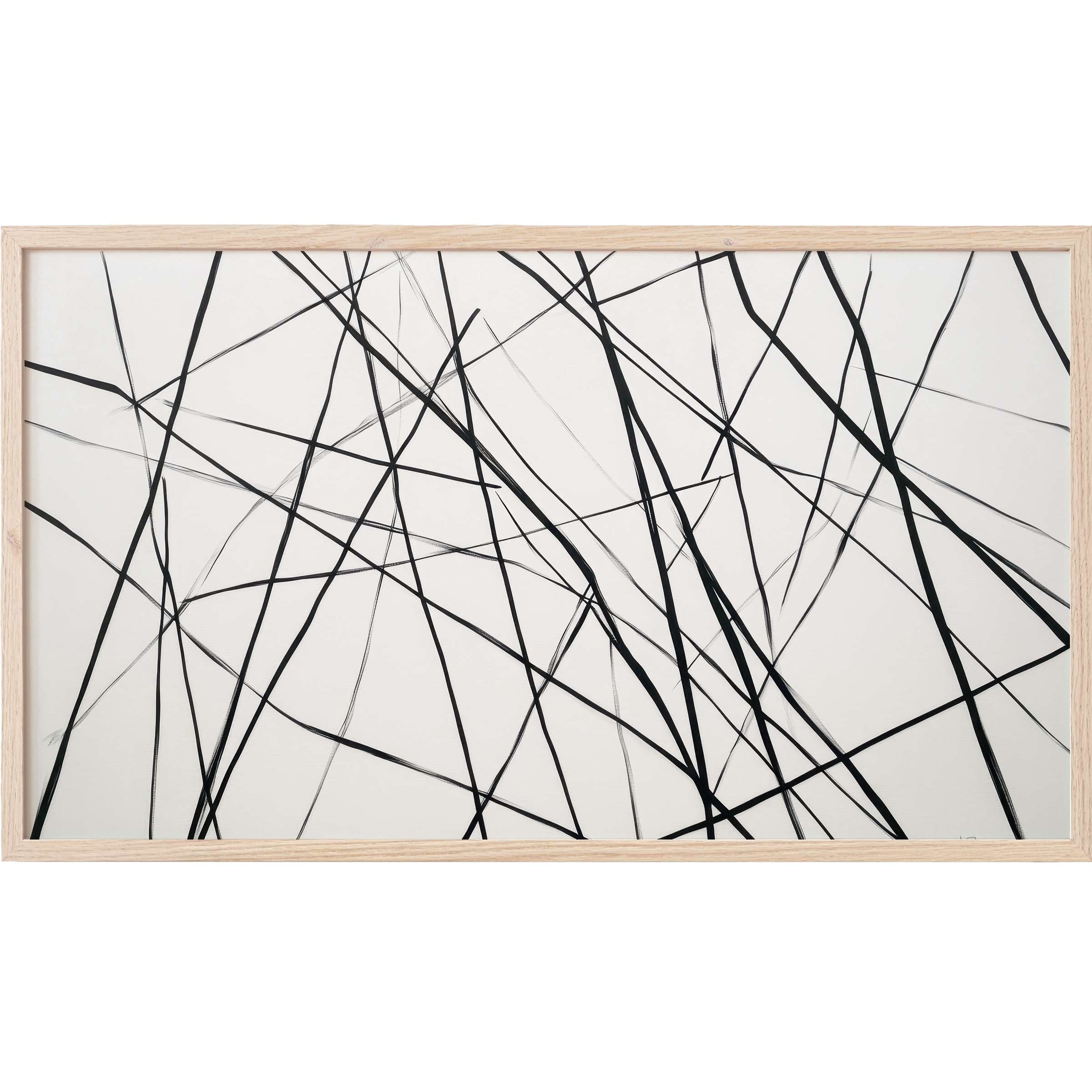 Minimalist black lines intersect on a white background, framed in light wood, perfect modern Frame TV Art for sleek interiors