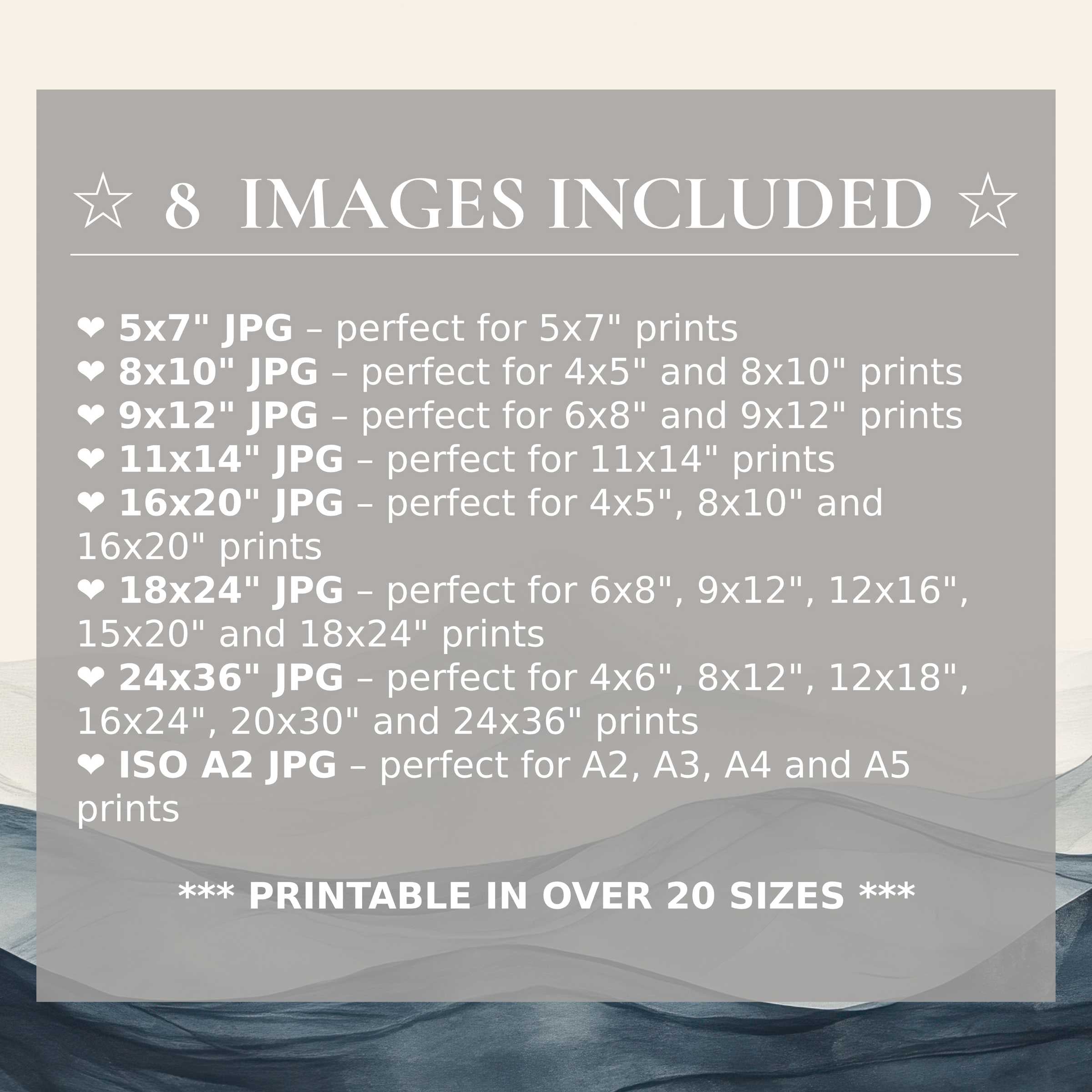 Neutral digital print in soothing greys and deep blues, radiating calm sophistication; includes 8 high-quality sizes to elevate contemporary interiors with versatile style