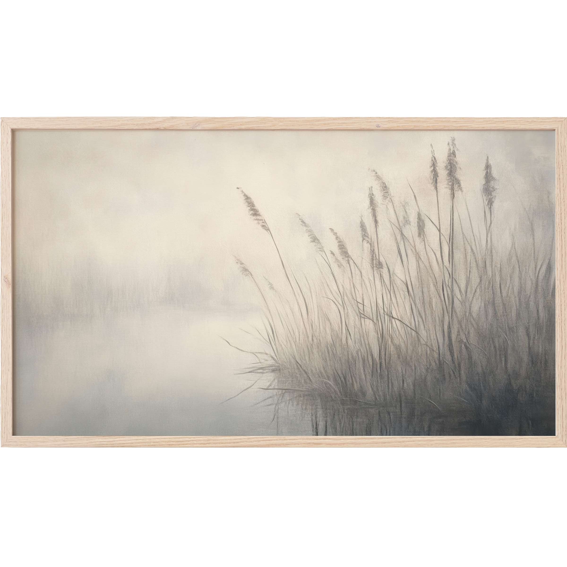 Serene reeds by misty water in soft greys and creams, framed in natural wood; vintage Frame TV Art for refined spaces