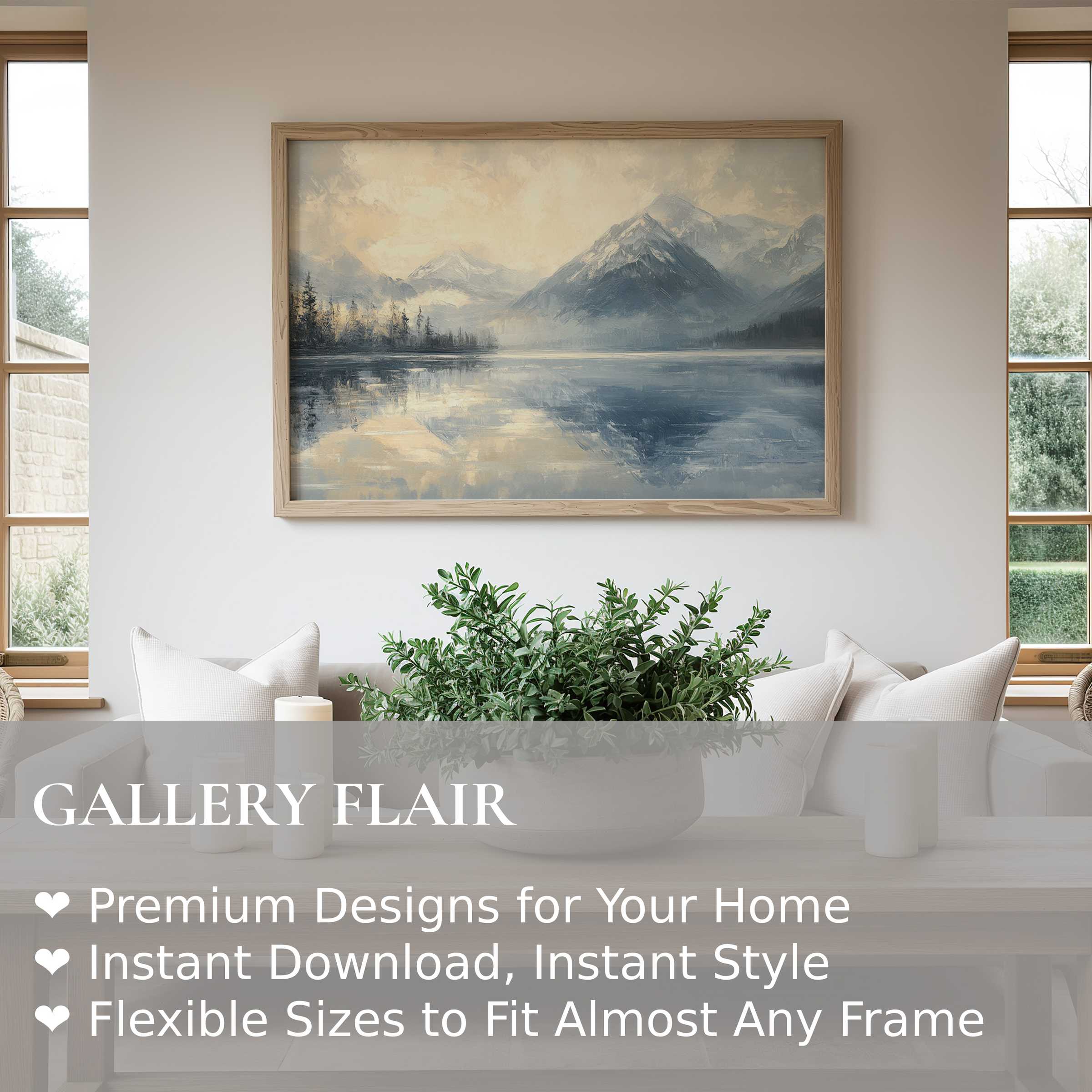Serene landscape wall art print showcasing misty mountains and calm lake reflections, enhancing modern minimalist interiors with tranquil elegance