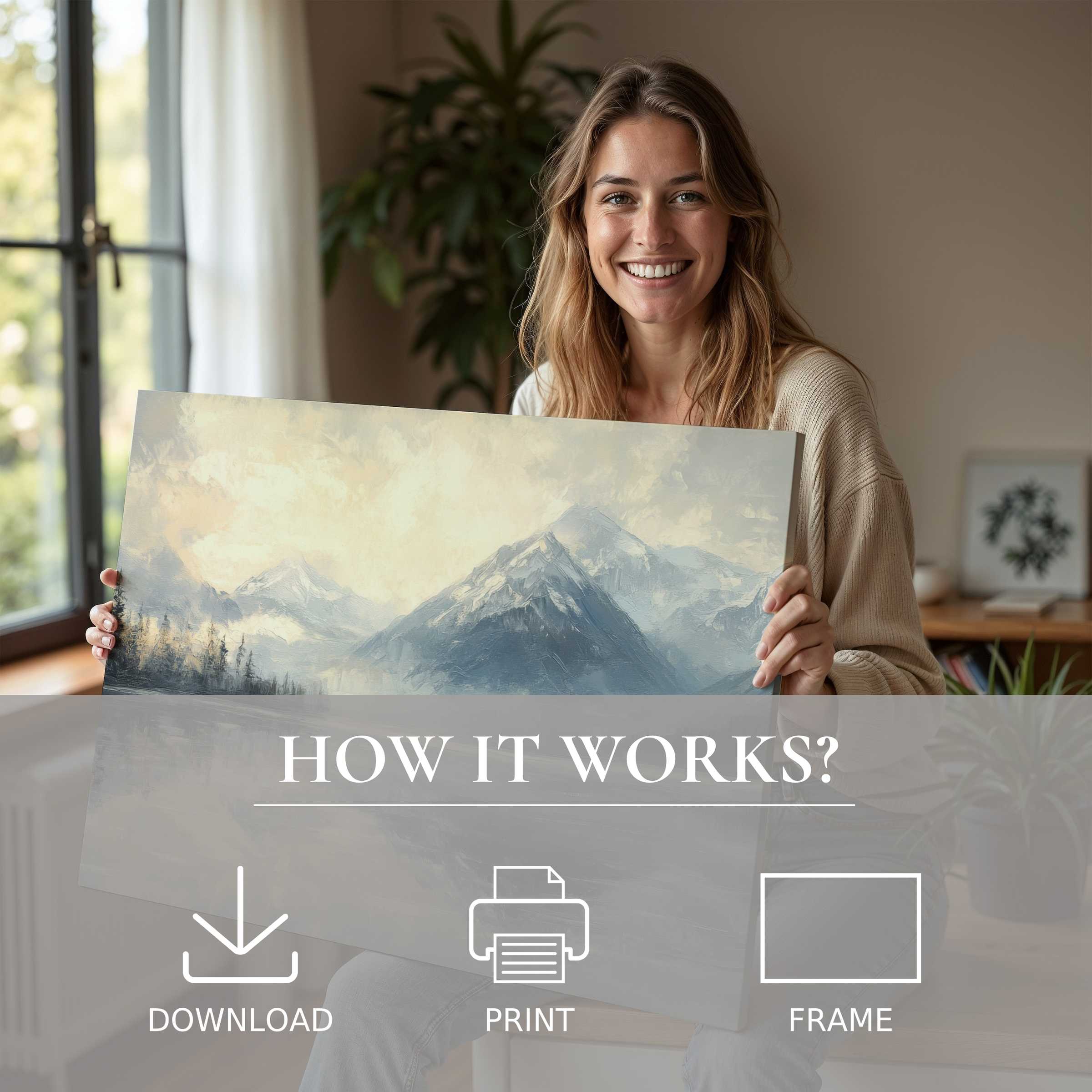 Joyful woman in a sunlit modern home embraces a serene landscape digital art print, inspiring calm and connection