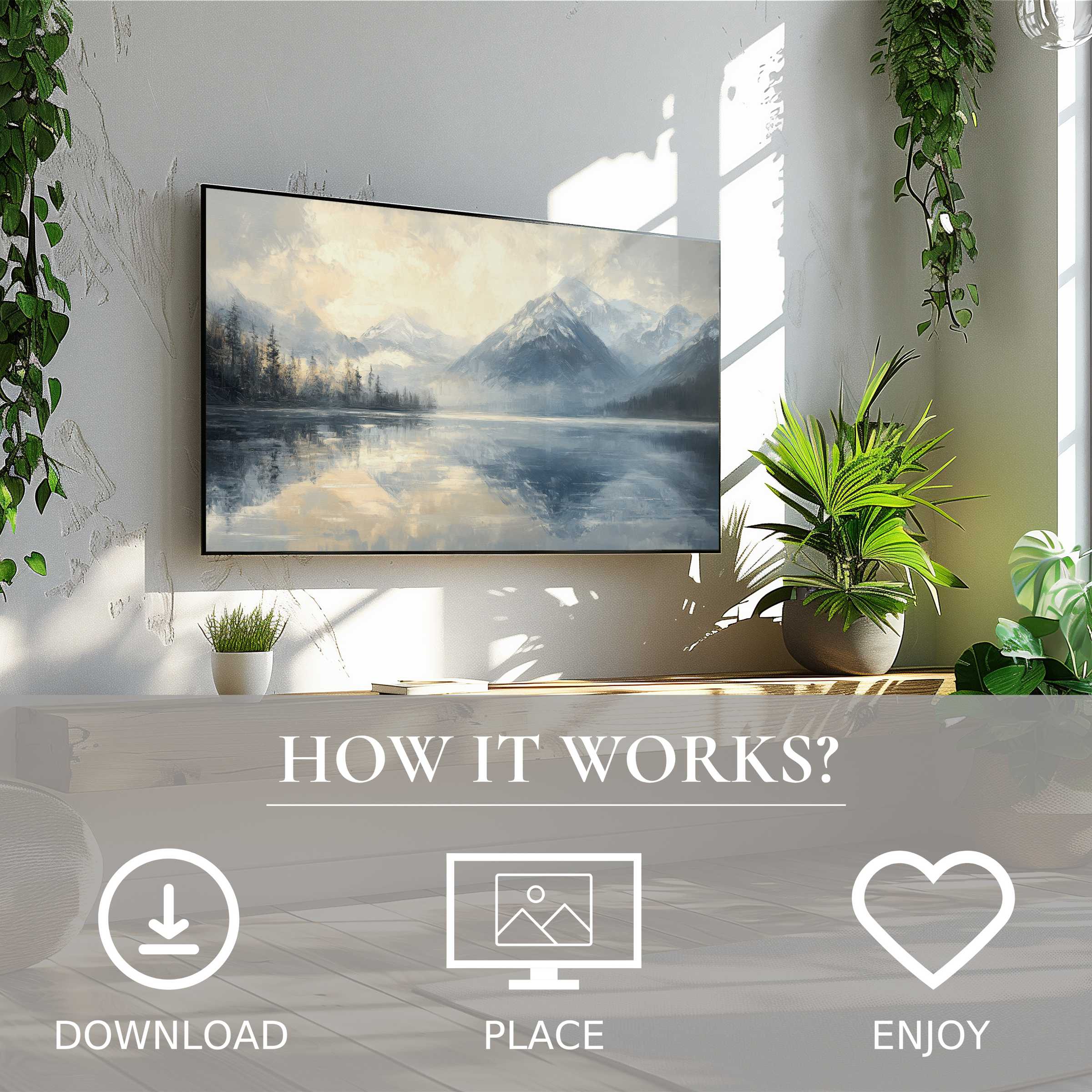 Modern living room with landscape art for Samsung TV in soft blue-gray tones; easy digital download enriches space