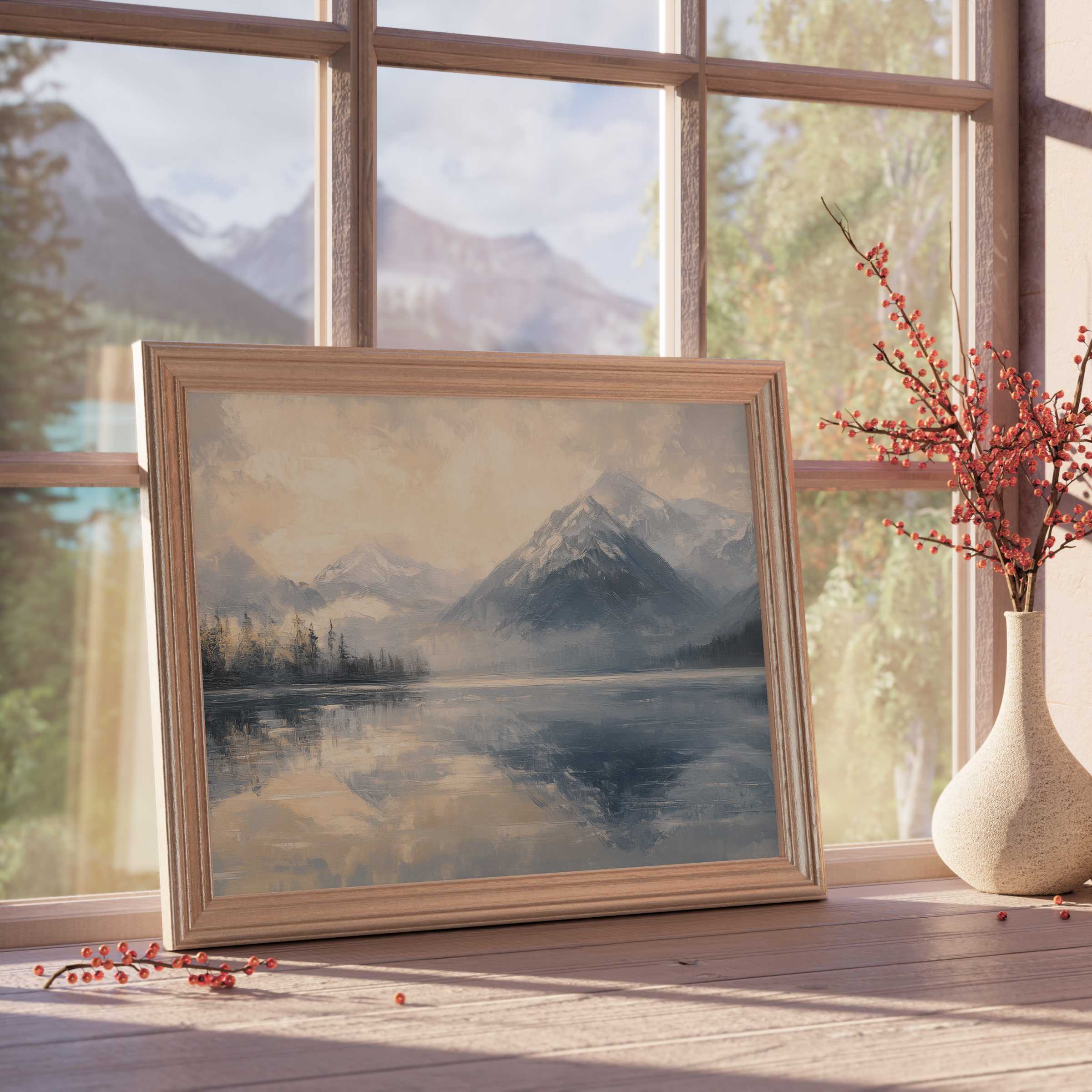 Serene landscape downloadable art capturing misty mountains and tranquil waters, elevating elegant, design-forward interiors with peaceful charm