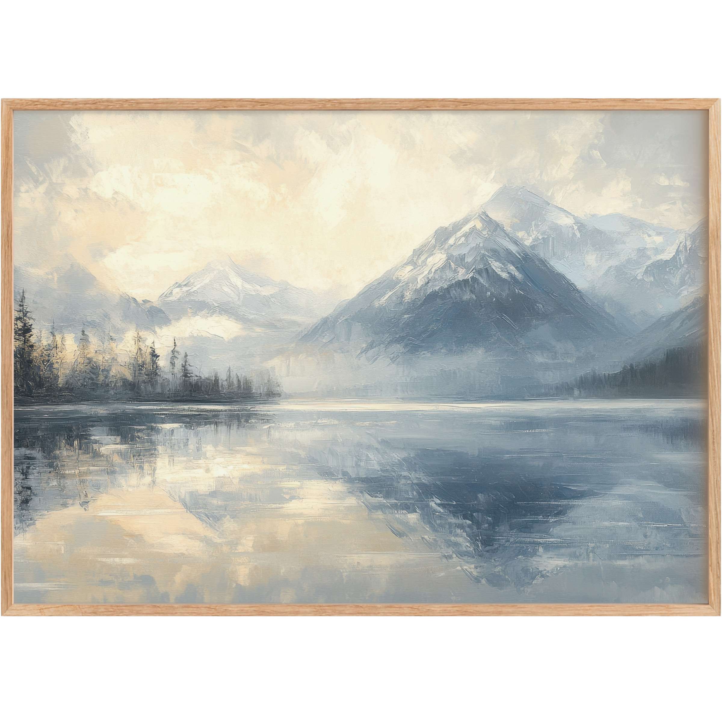 Serene mountain landscape printable wall art in muted blues and soft creams, evoking calm reflection and timeless elegance