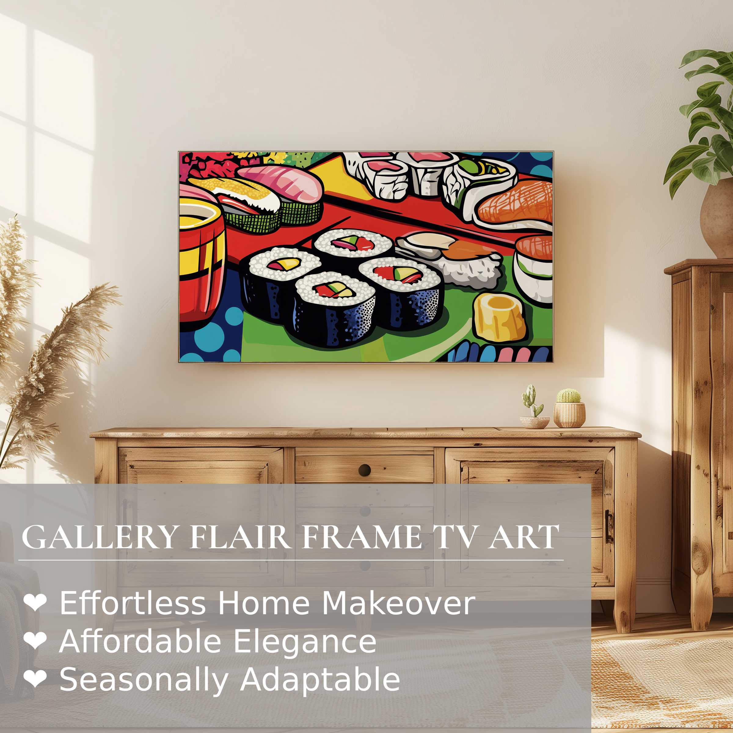 Samsung Frame TV showcases vibrant pop art digital artwork of sushi in a chic, modern home setting