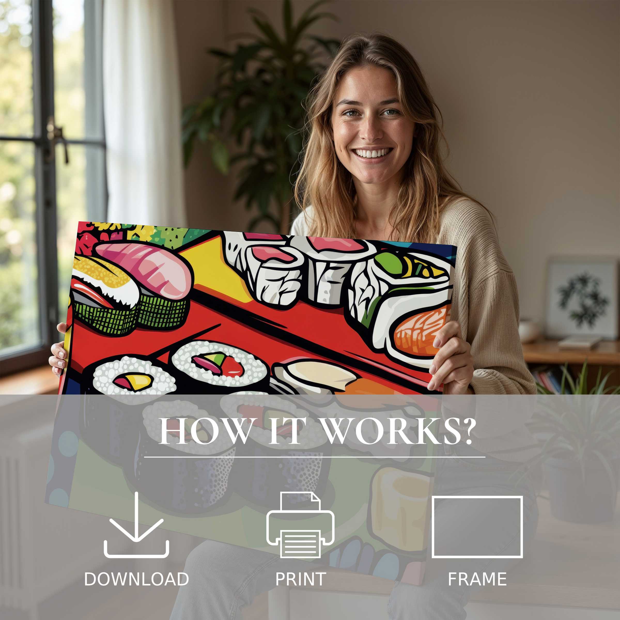 Modern woman in a serene living room embraces vibrant pop art digital art print, celebrating joy and effortless home elegance