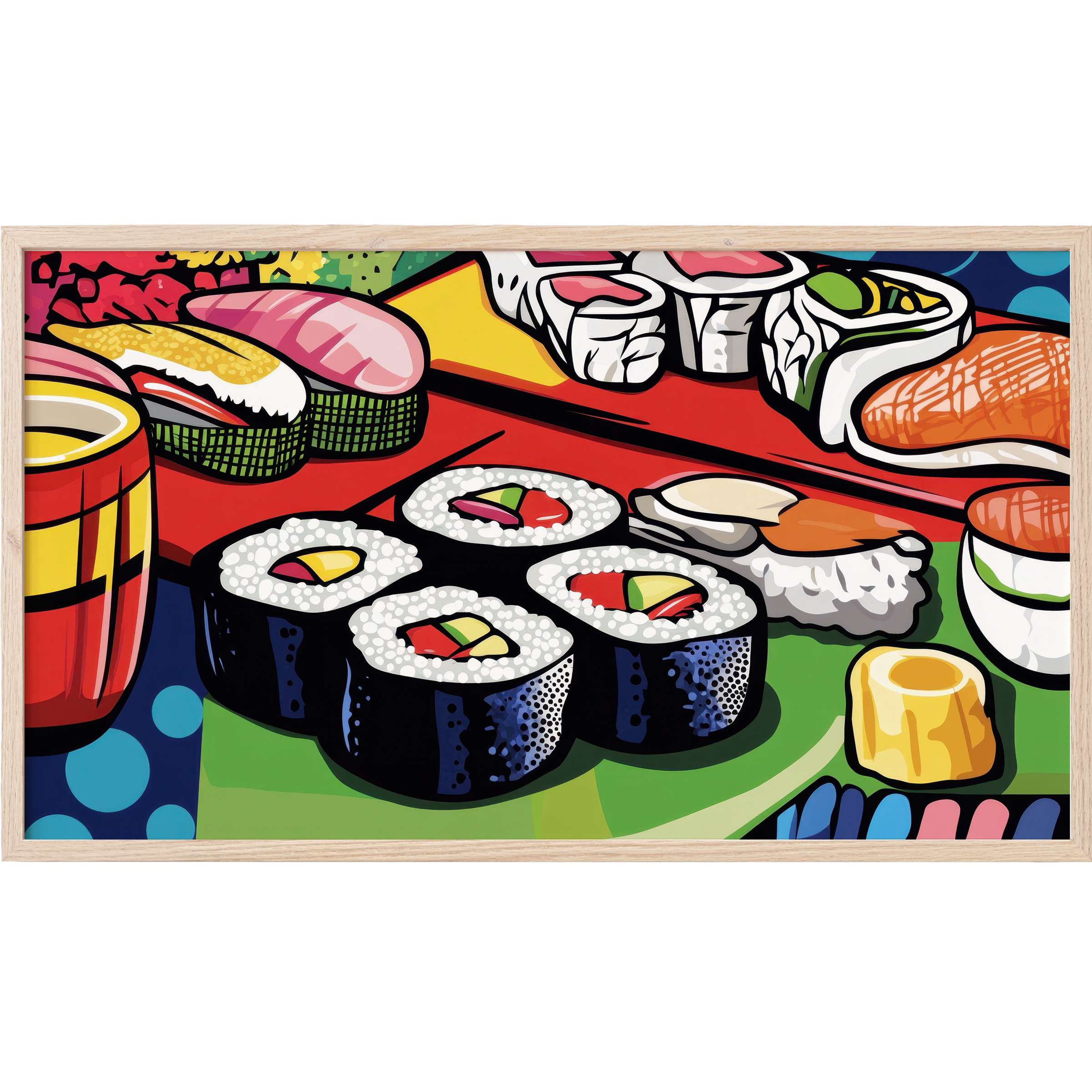 Vibrant sushi platter in bold colors with graphic lines, perfect pop art Frame TV Art for modern interiors