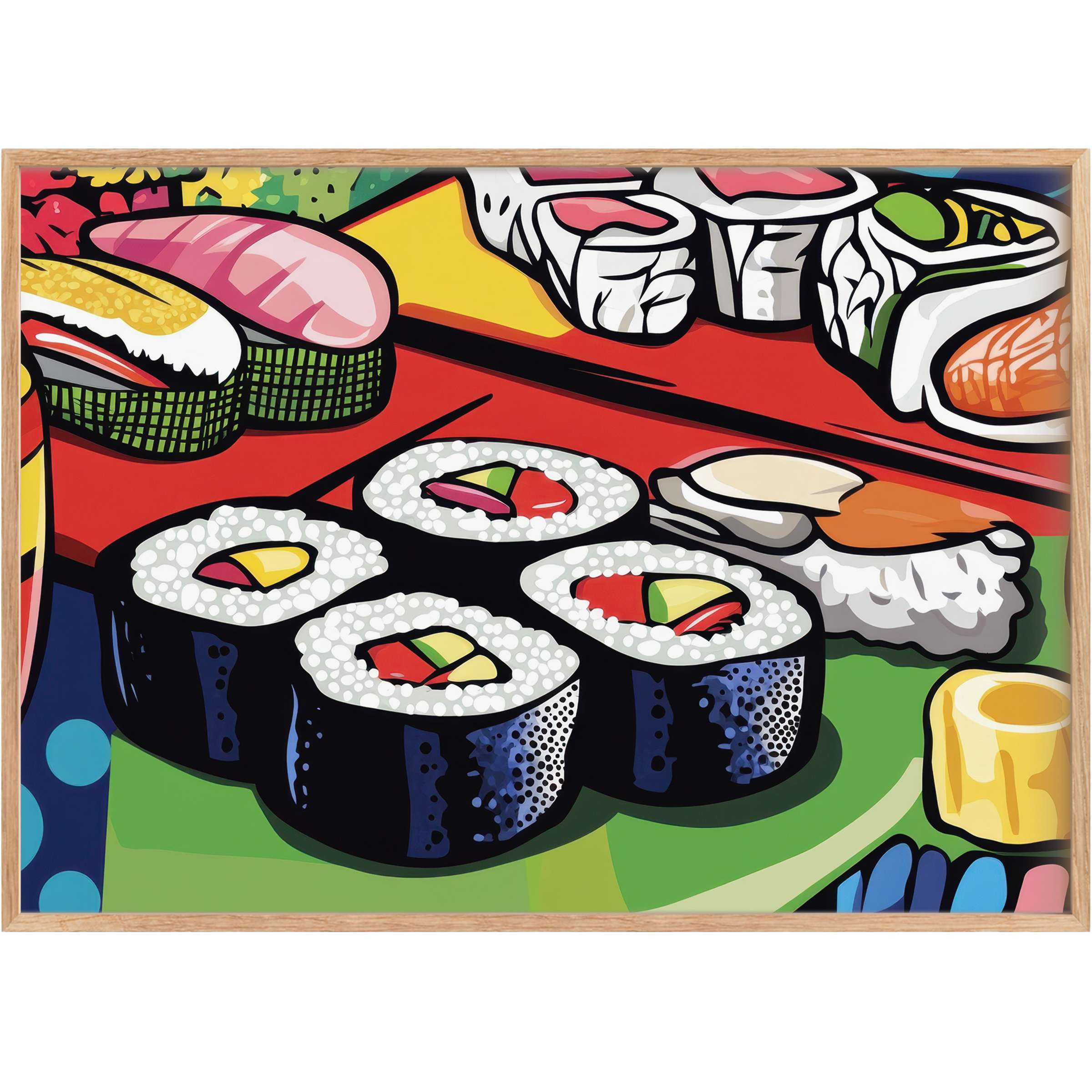 Vibrant pop art printable wall art capturing sushi’s playful charm in bold reds, greens, and blues for a lively, contemporary space