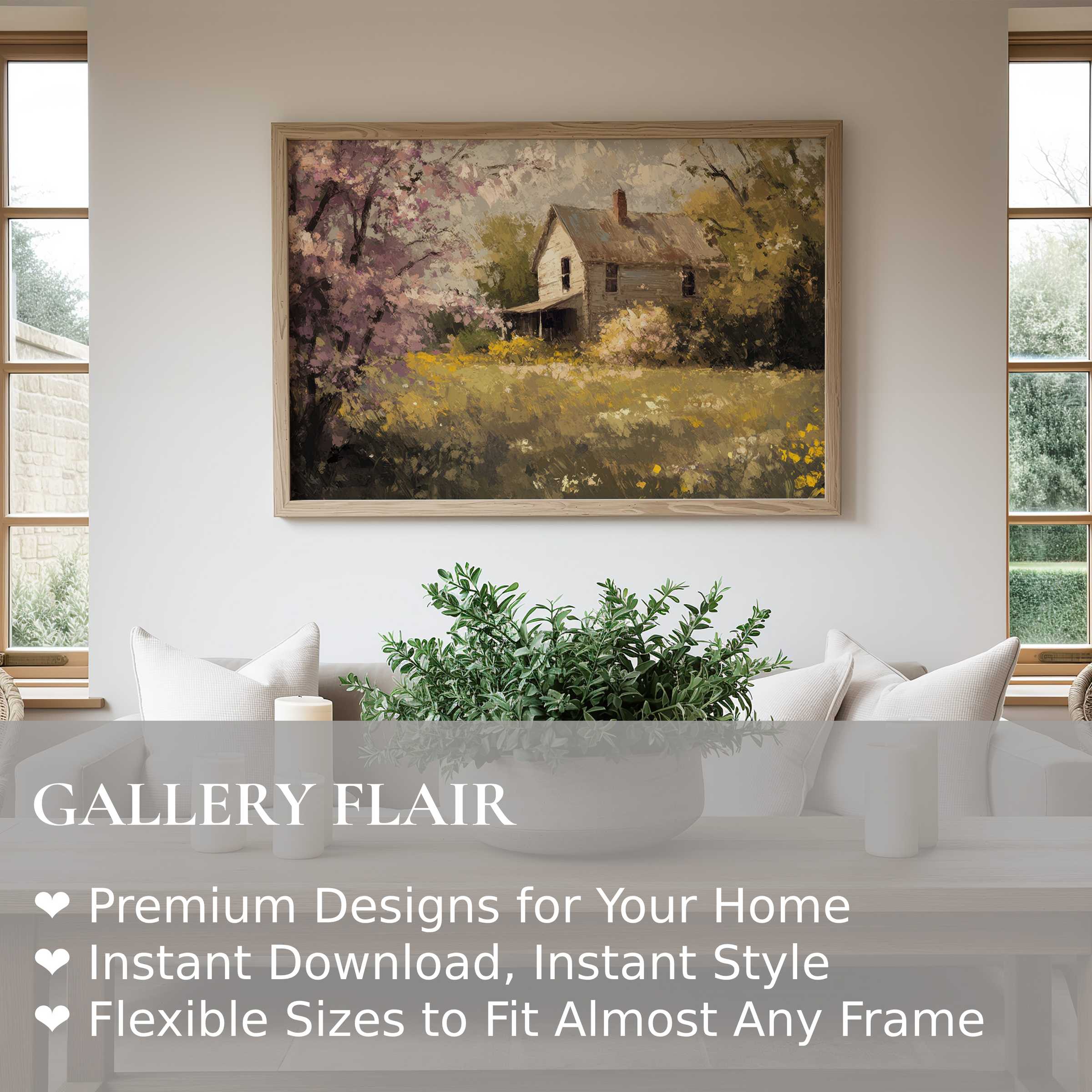 Spring wall art print of a serene countryside cottage framed by blooming trees and wildflowers, evoking a soft, calming aura Perfect for contemporary farmhouse or modern rustic interiors, this radiant artwork enriches living spaces with natural warmth and timeless charm