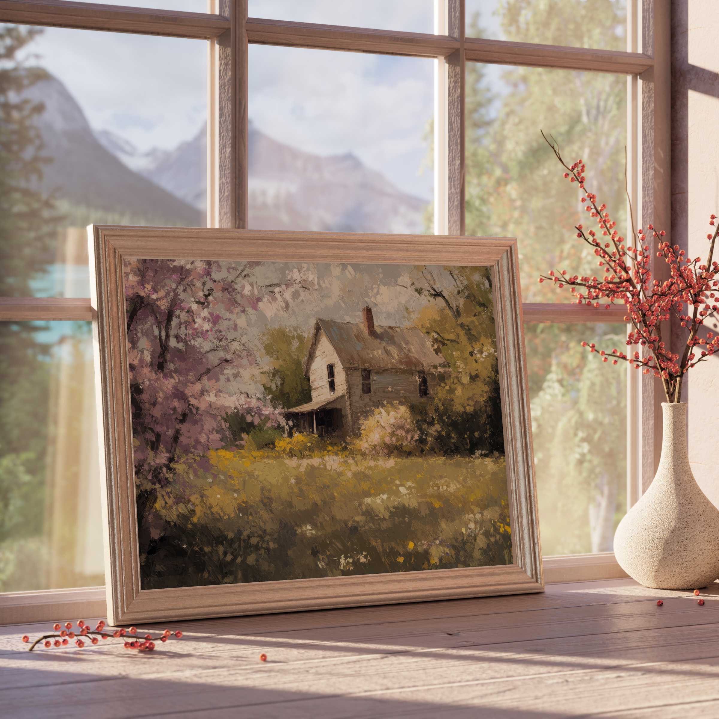 Spring downloadable art of a serene countryside cottage framed by blooming cherry blossoms, enriching elegant, calm interiors with timeless natural beauty