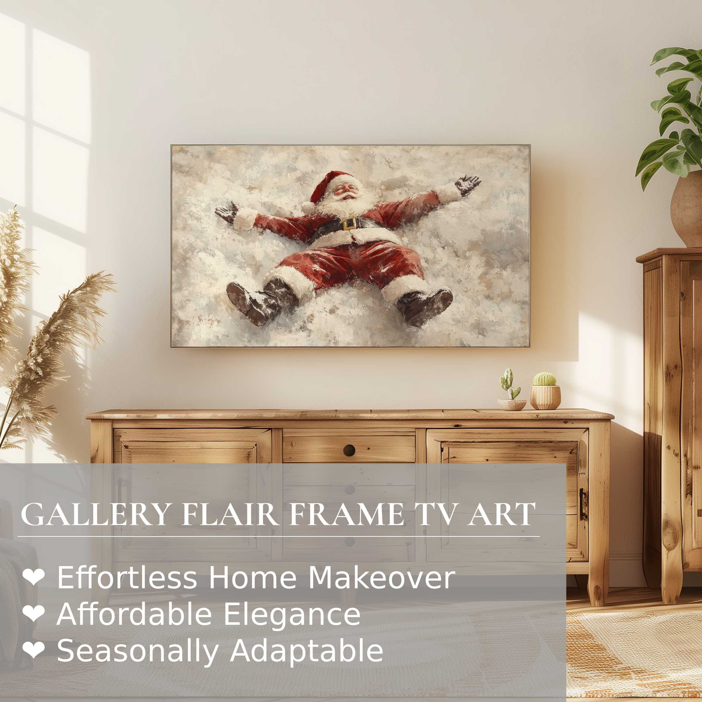 Samsung Frame TV displaying warm, textured christmas digital artwork of Santa in snow, perfect for elegant modern decor