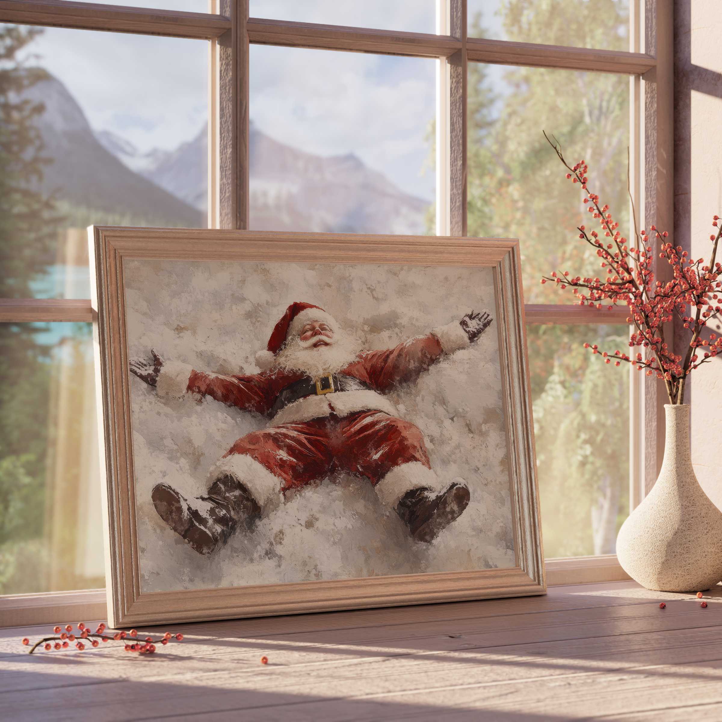 Christmas downloadable art of joyful Santa making snow angels, infusing serene winter charm into curated, elegant interiors