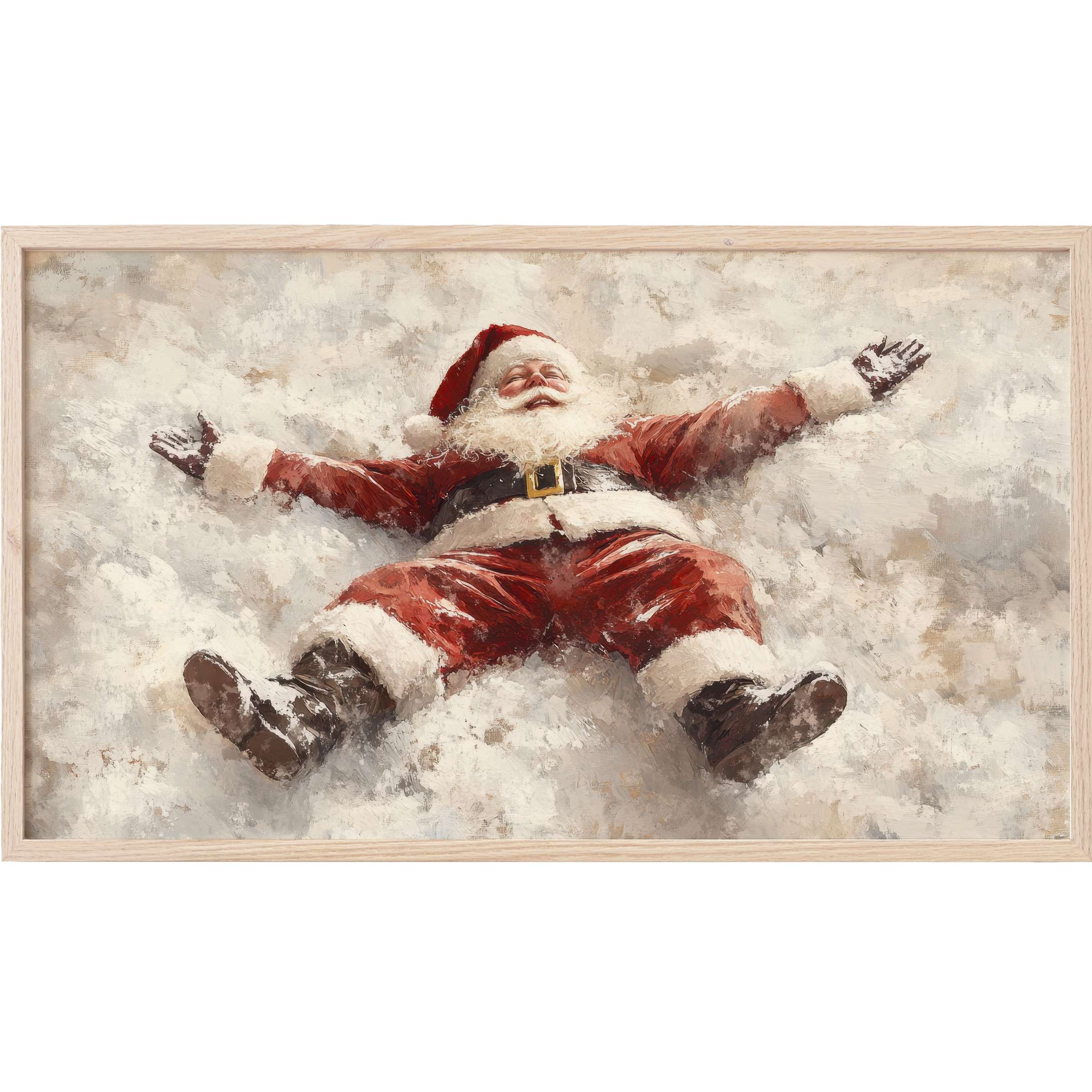 Joyful Santa in textured red and white suit making snow angels, soft neutral tones, christmas Frame TV Art