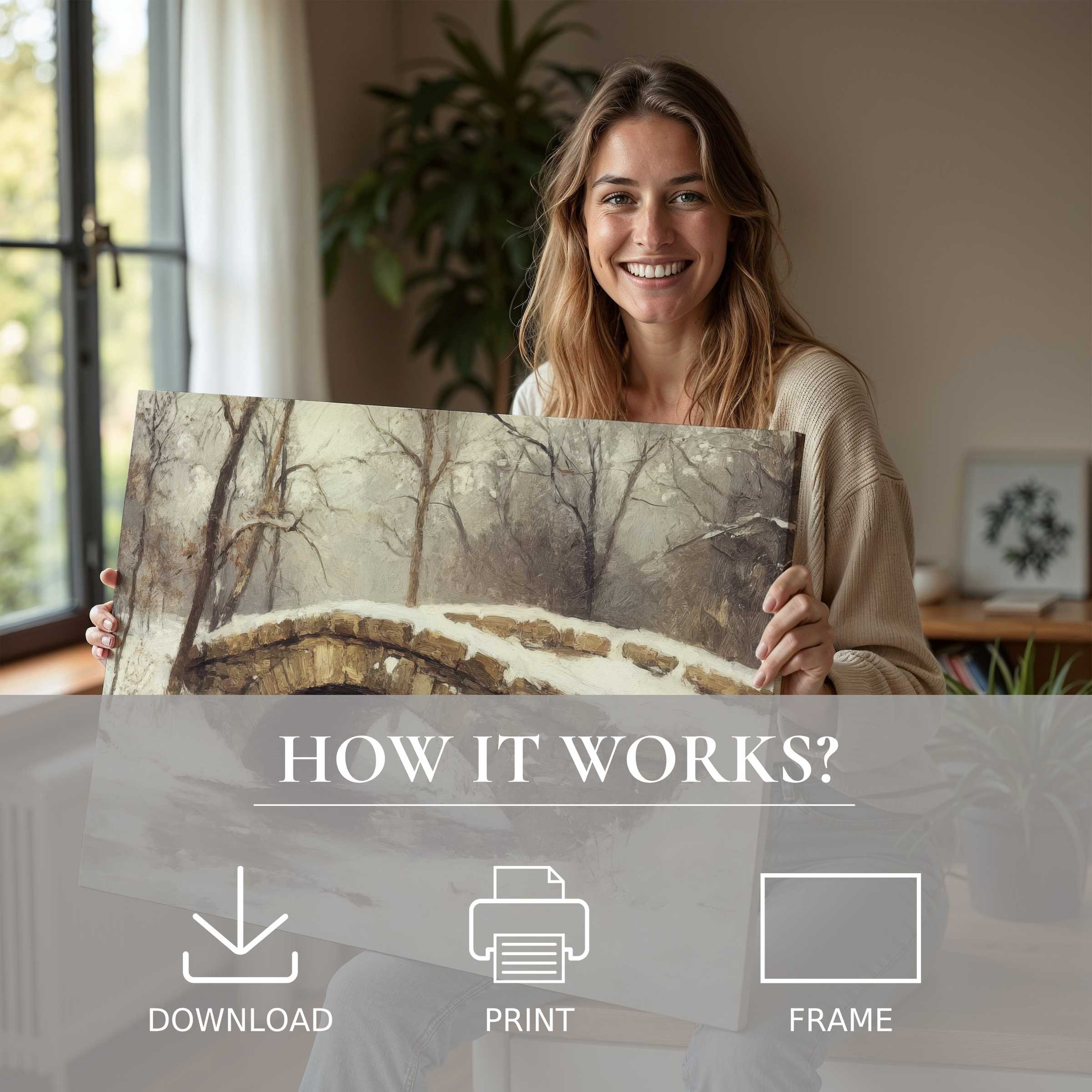 A serene moment of joy as a winter digital art print with muted tones enhances a modern home’s warmth and grace