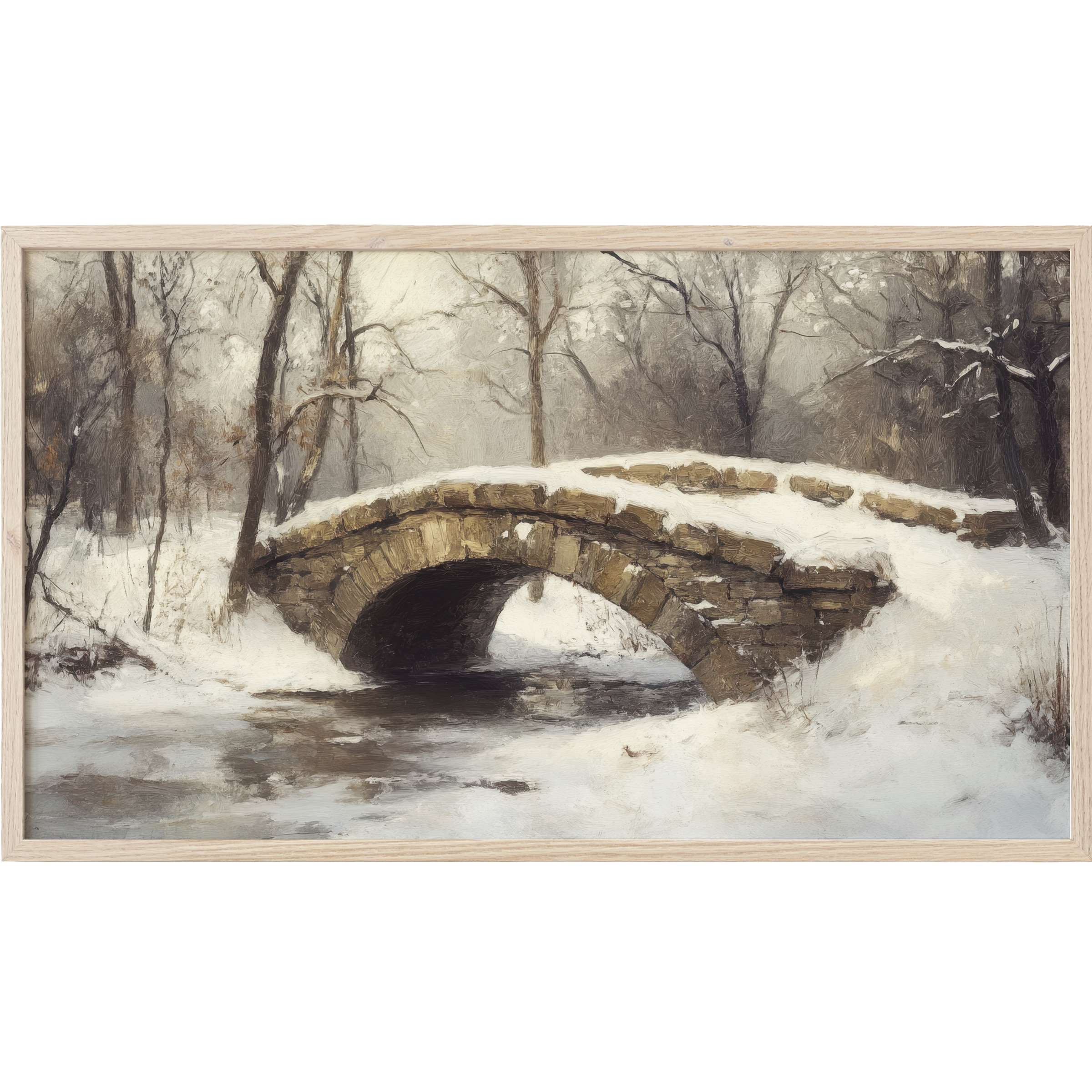 Elegant winter Frame TV Art of a snow-covered stone bridge over a tranquil stream in muted earth tones