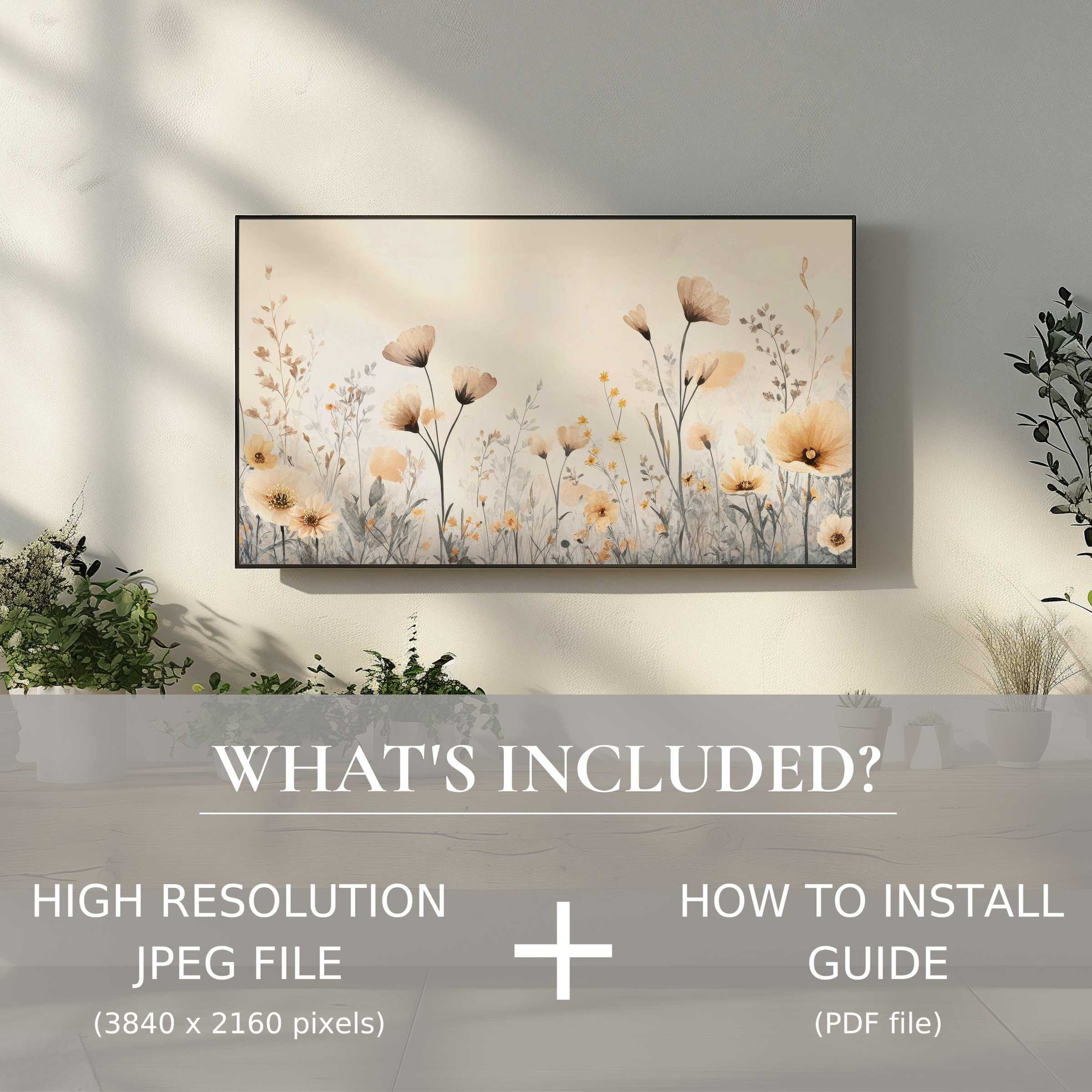 Elegant boho digital TV art download with delicate florals, enhancing living spaces via easy digital use
