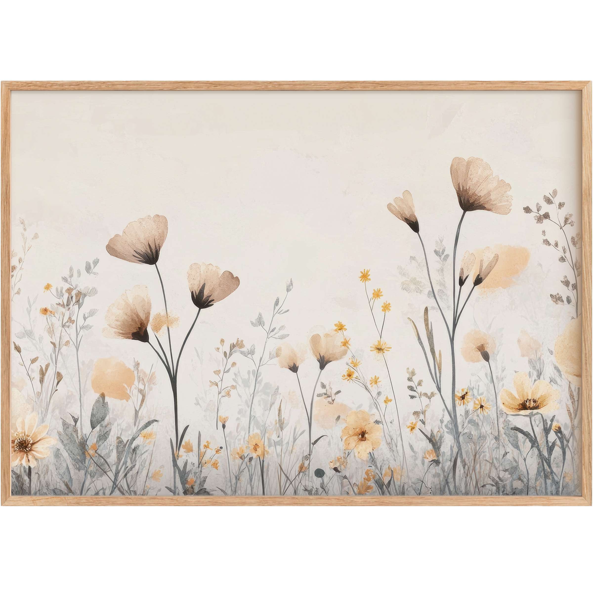 Delicate boho printable wall art with soft beige and muted ochre blooms, evoking a serene, elegant natural ambiance