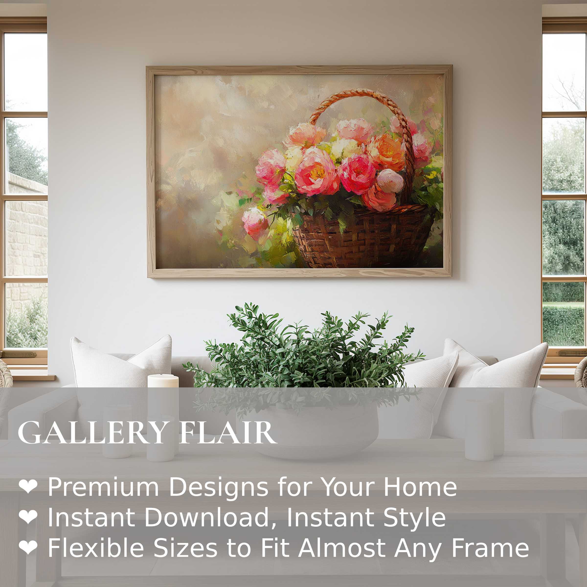 Easter wall art print featuring a radiant basket of pink peonies, adding a soft, elegant touch to modern minimalist interiors