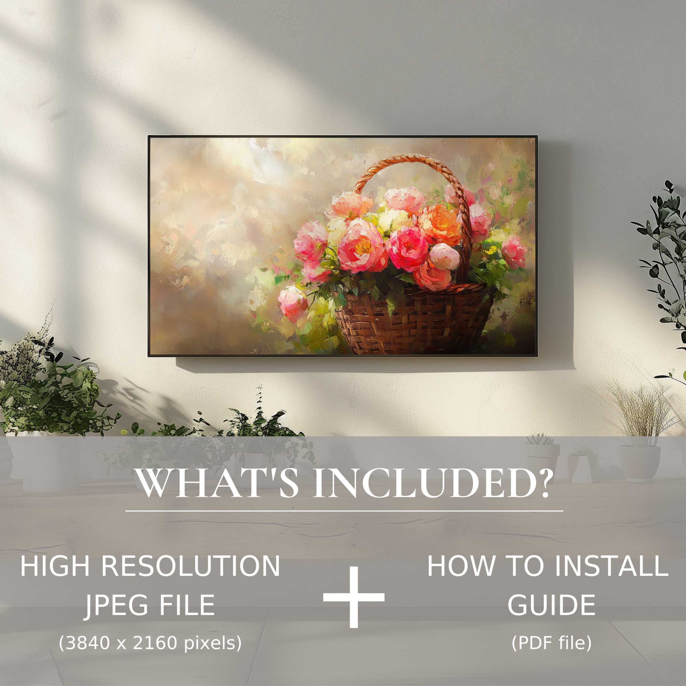 Elegant living room enhanced by easter digital TV art download, offering easy digital use and refined floral beauty