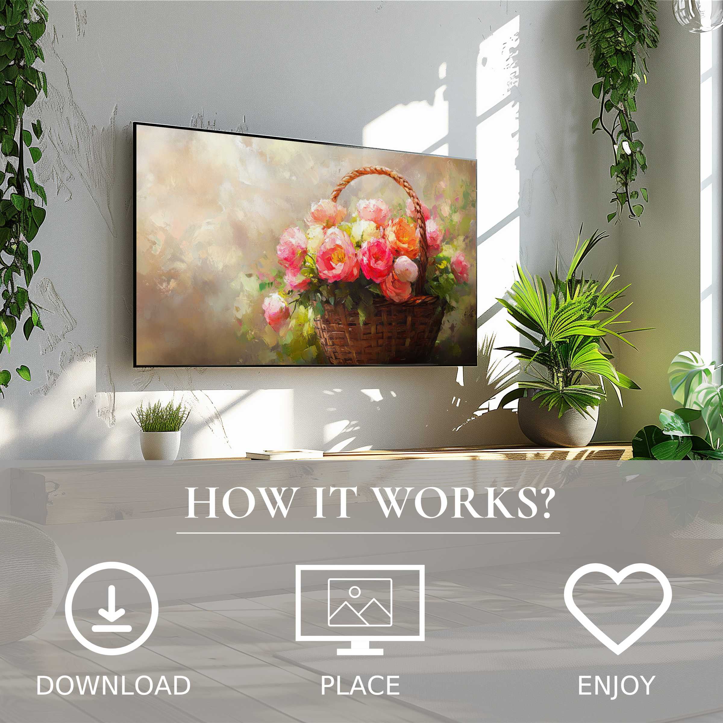 Easter art for Samsung TV shows soft floral color flow, easy digital download enriching modern living spaces