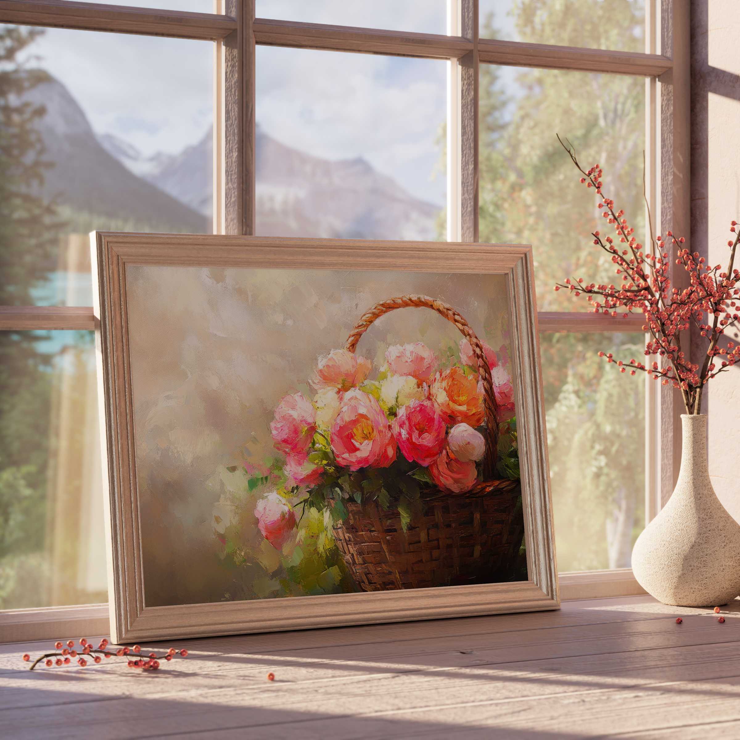 Easter downloadable art featuring a lush floral basket in soft pastels, perfect for elevating serene, design-forward interiors