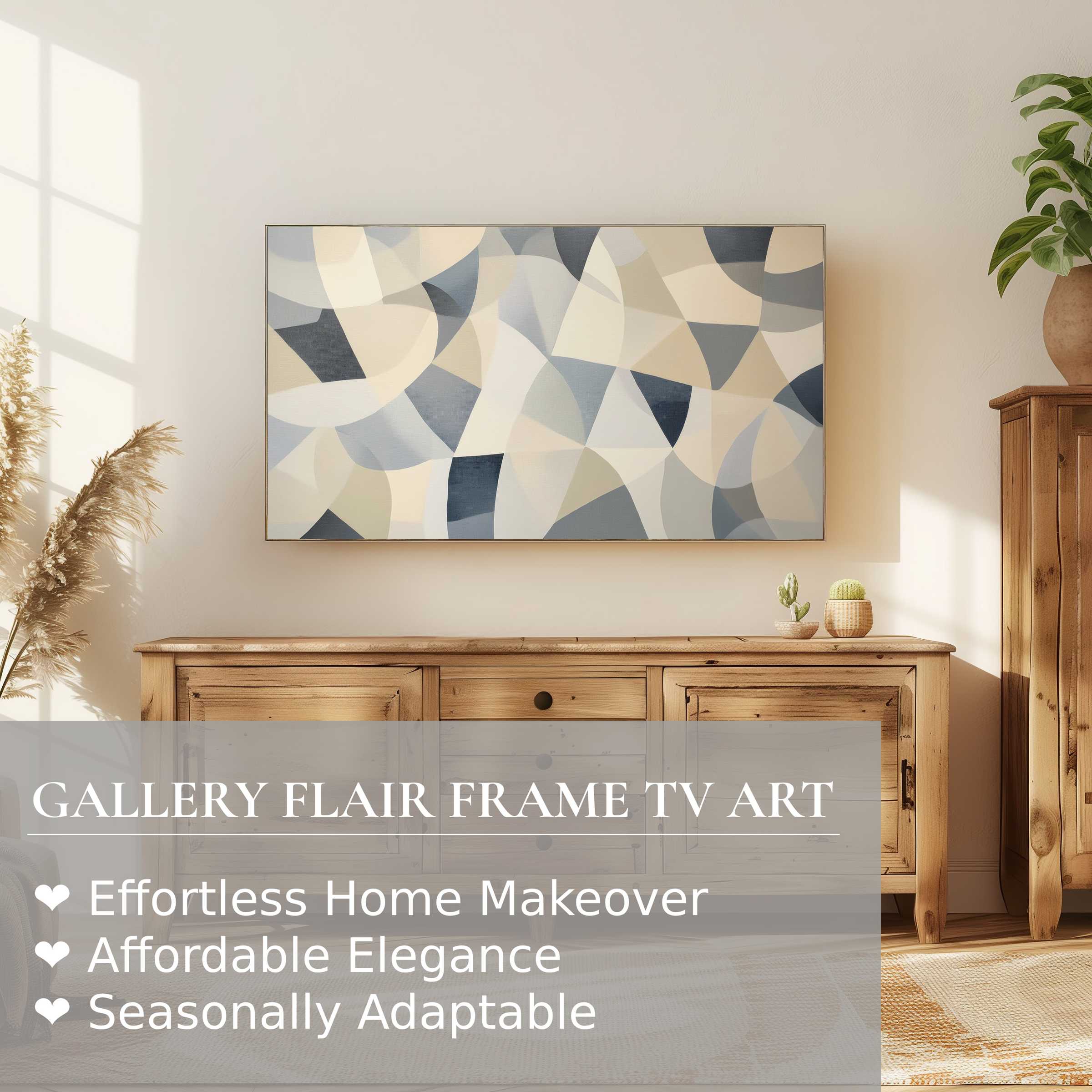 Samsung Frame TV displaying abstract digital artwork in a serene, modern living room with natural wood accents