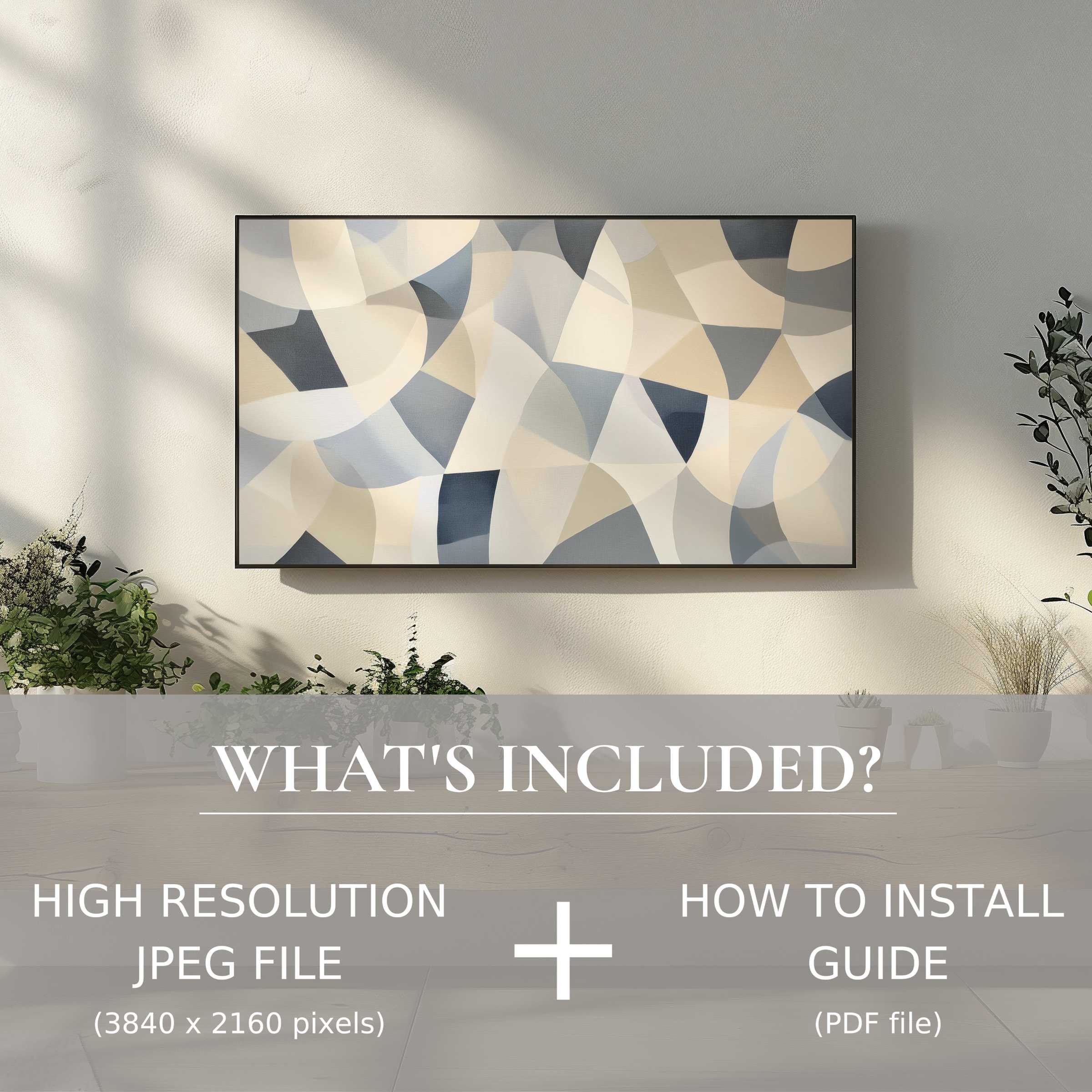 Modern abstract digital TV art download in neutral tones, enhances any living space with easy digital use and style