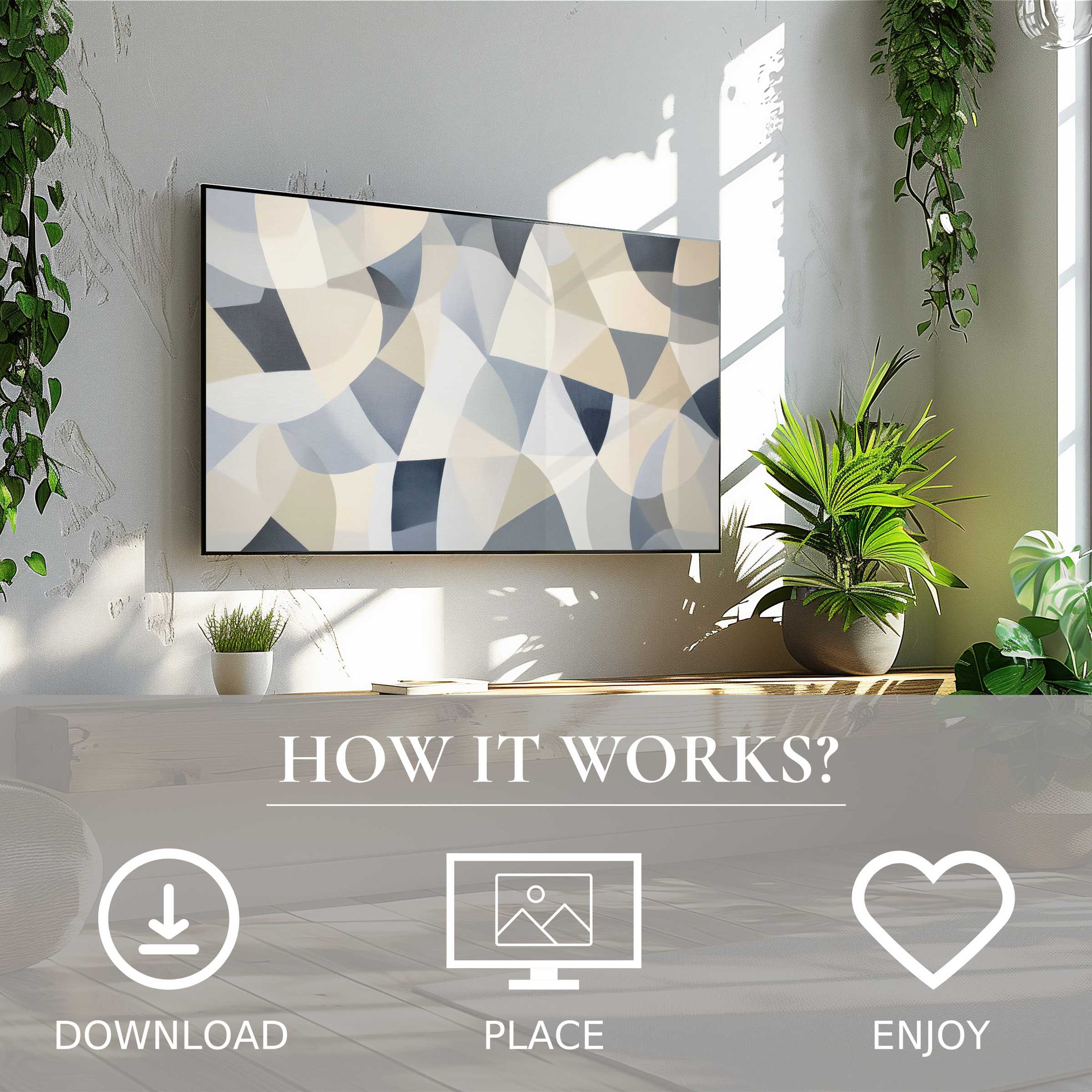 Abstract art for Samsung TV with soft neutral shapes enriches modern spaces; easy digital download, instant style upgrade