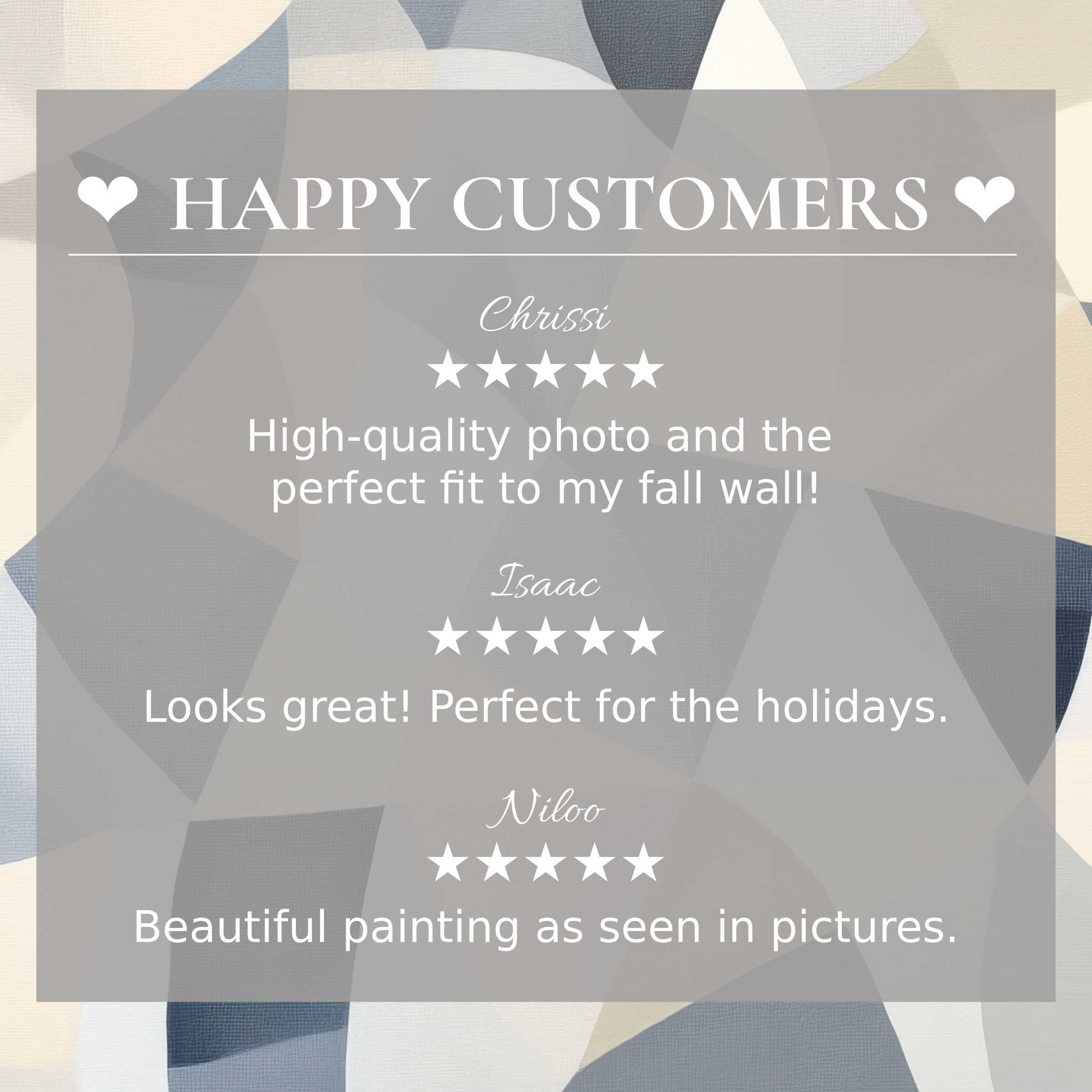 Abstract art for Frame TV with soft geometric shapes, showcasing happy customer reviews to inspire trust and elegance