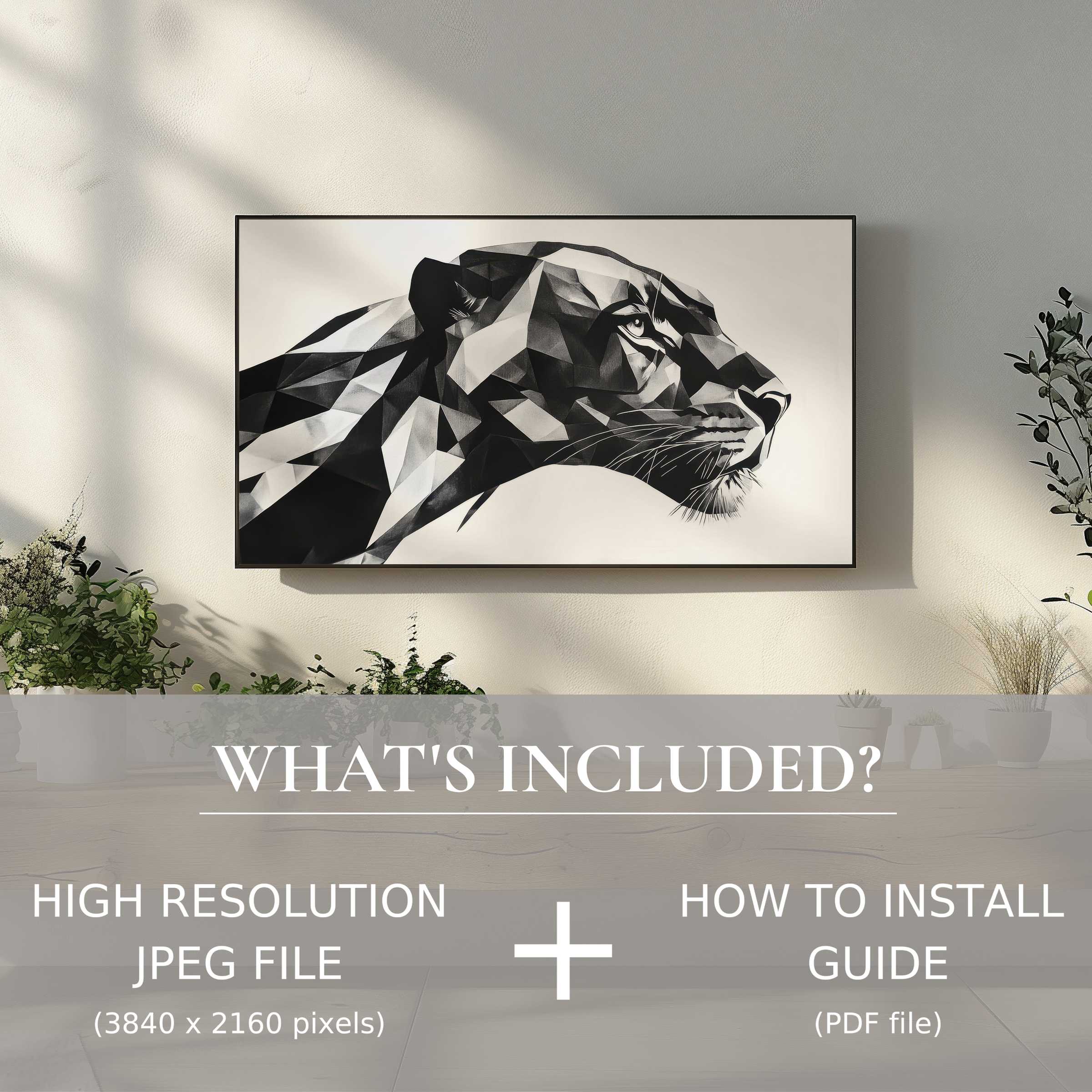 Elegant living space enhanced by black and white digital TV art download; easy to use, modern sophistication