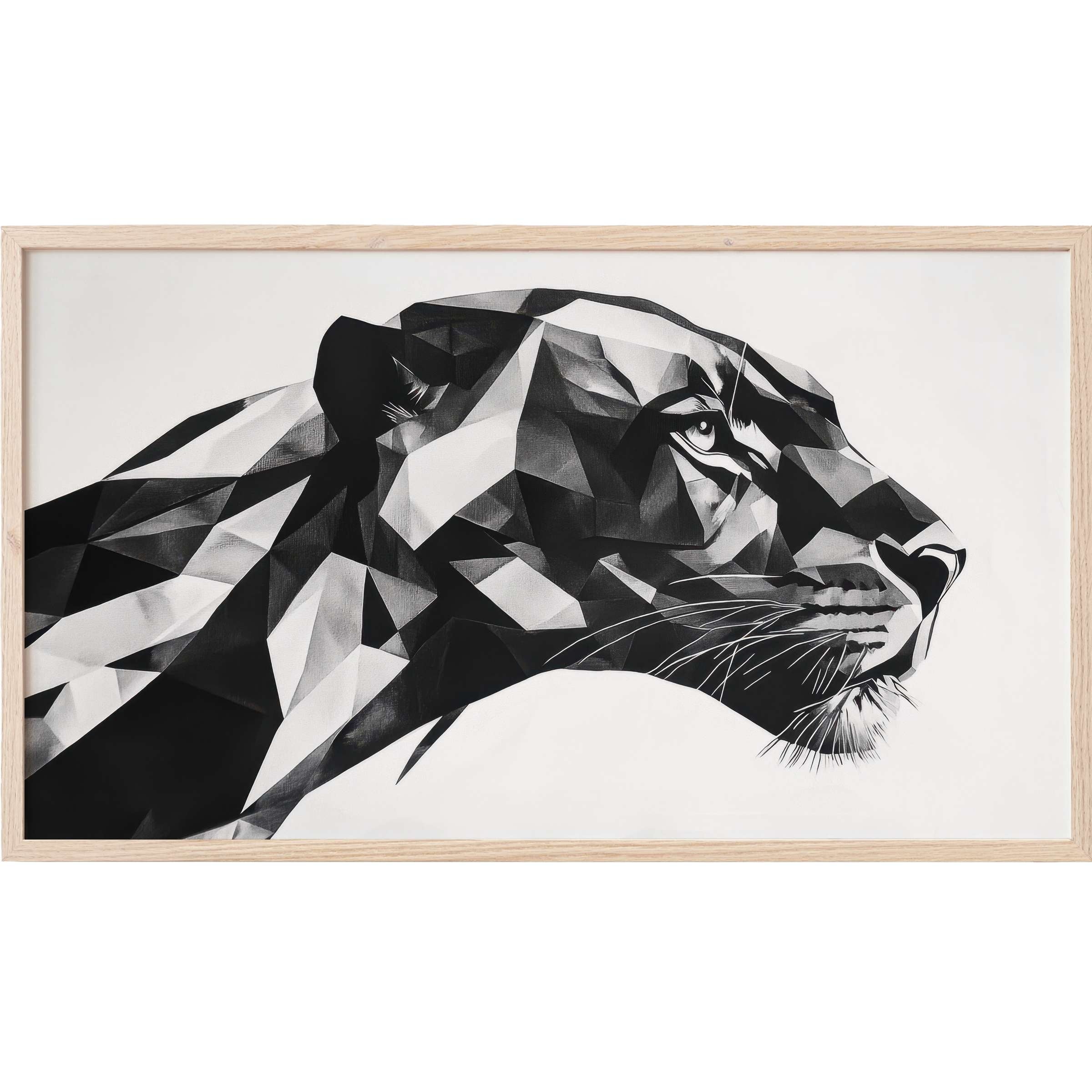 Black and white Frame TV Art featuring a geometric panther portrait in sleek monochrome tones, modern and bold design