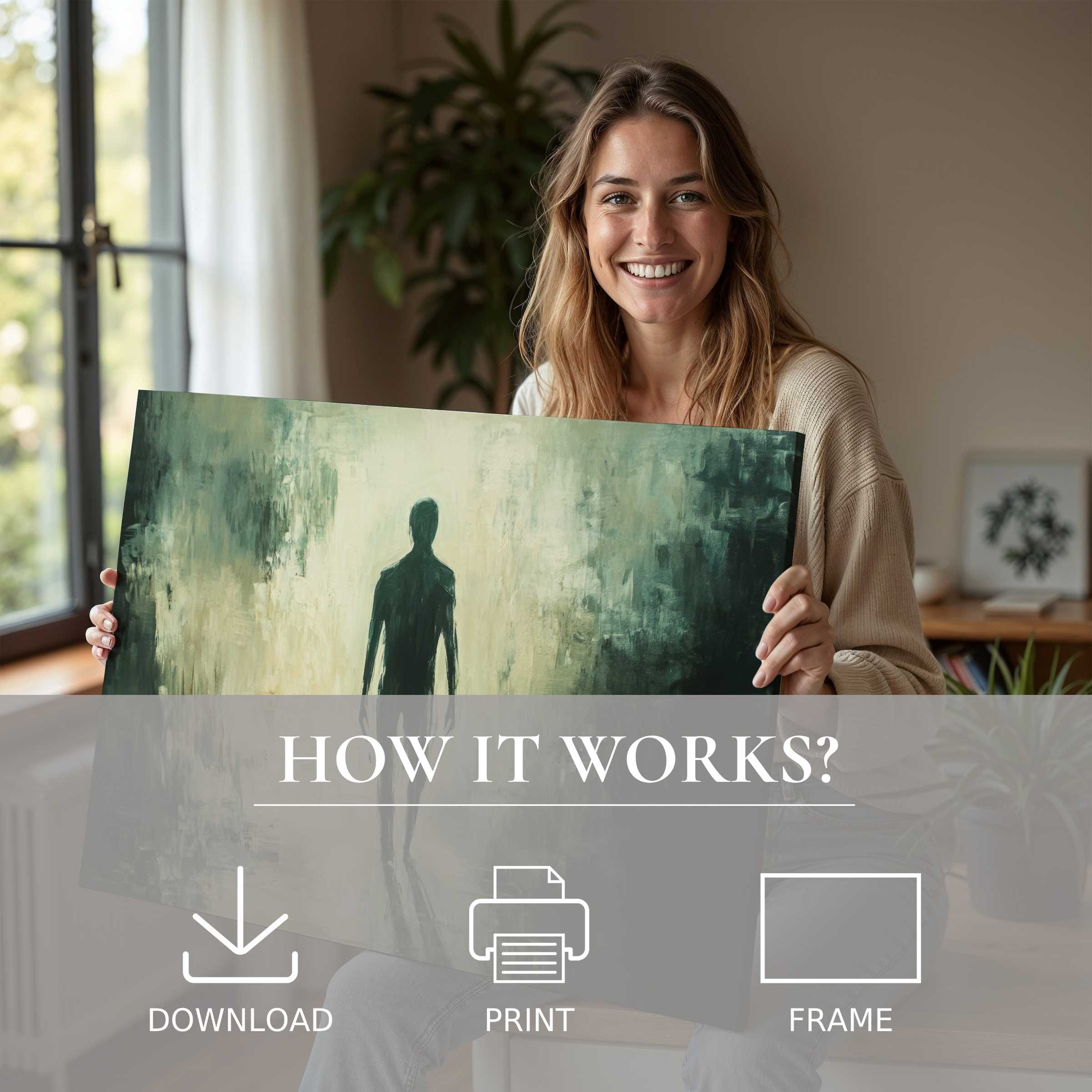 A serene moment of connection as a woman embraces a moody, evocative halloween digital art print in a chic, sunlit home