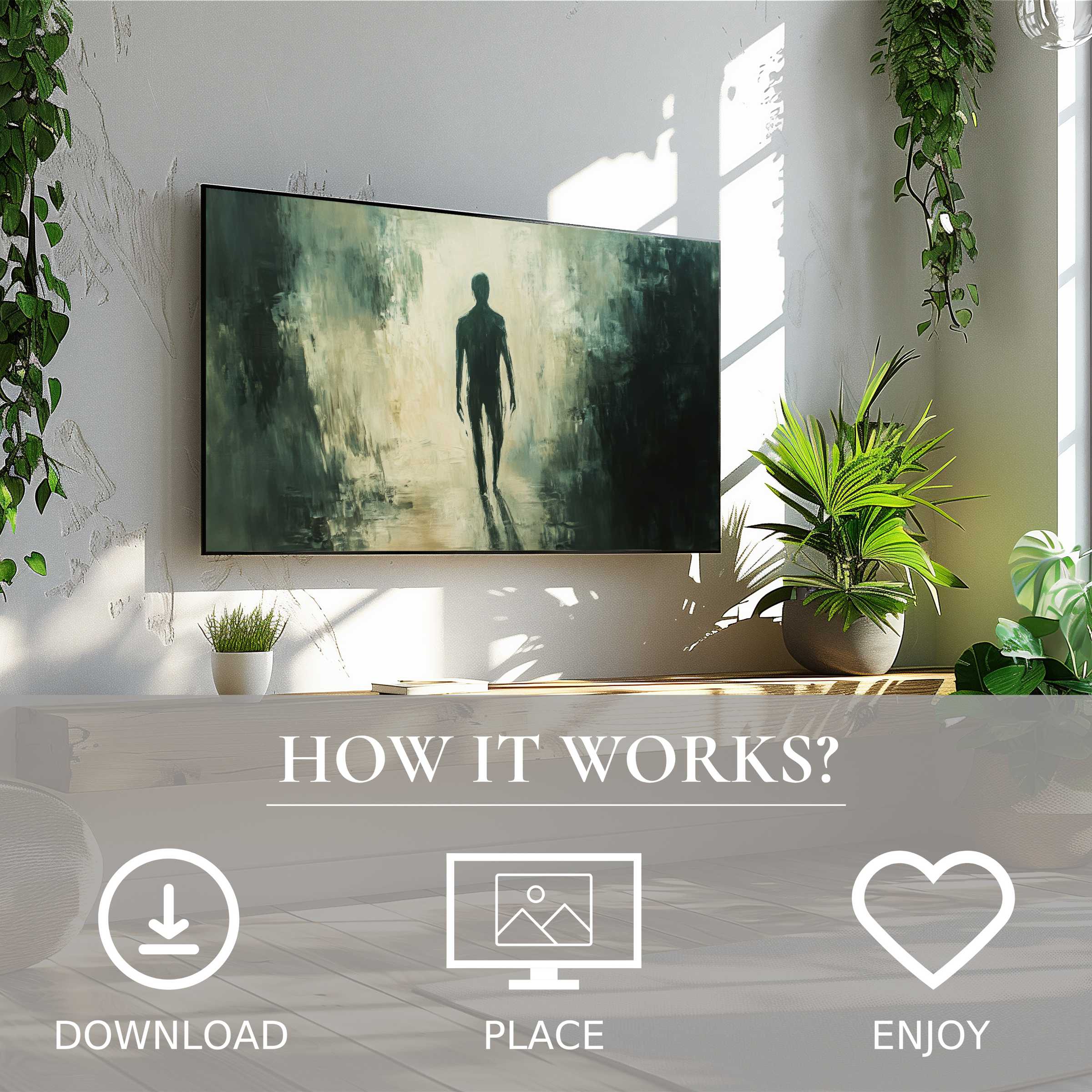 Modern living room with easy digital download Halloween art for Samsung TV; abstract shadow figure motif