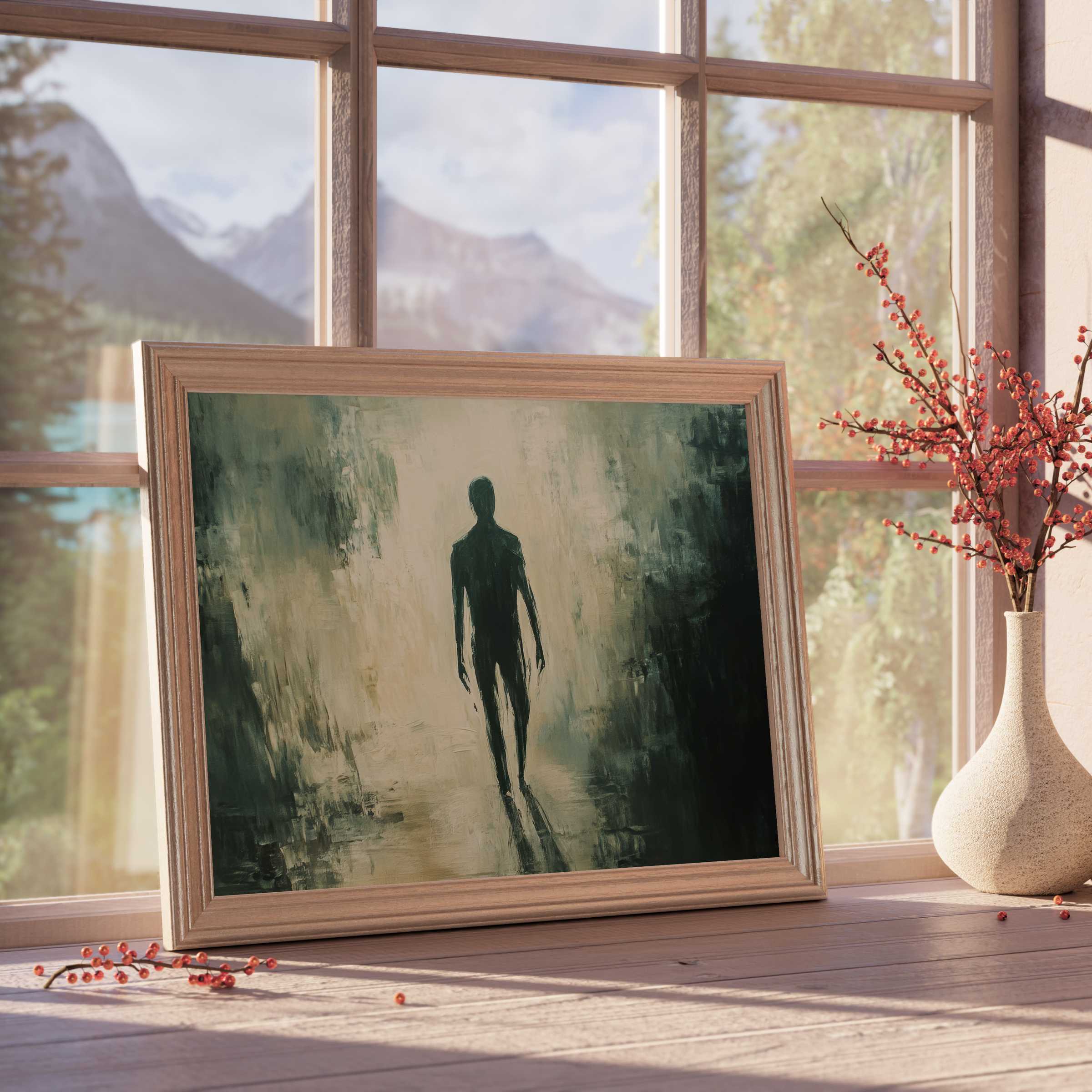 Ethereal Halloween downloadable art featuring a shadowy figure, evoking calm mystery for curated, serene interiors
