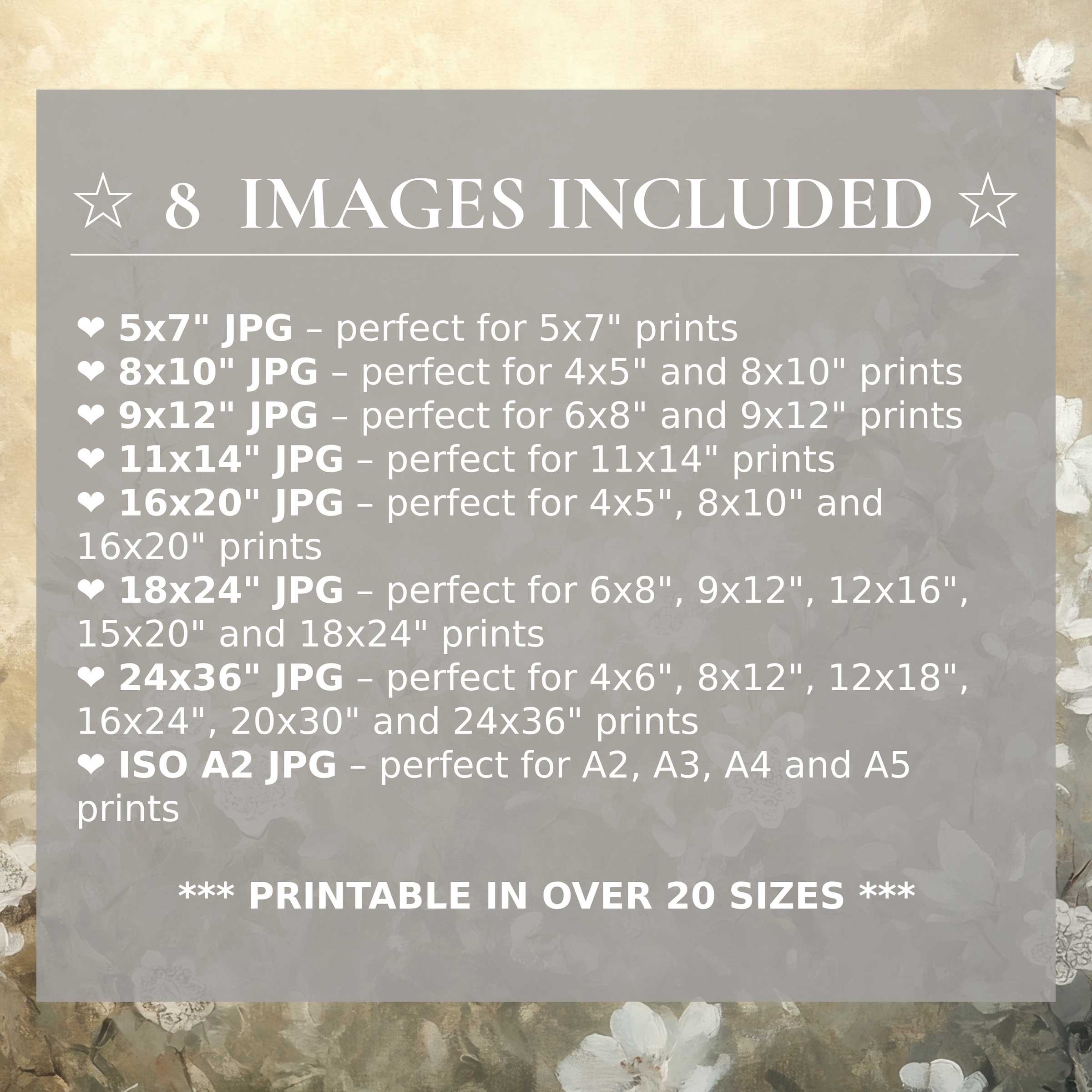 Botanical digital print in soft beige and white tones evokes a calming, radiant ambiance; includes 8 high-quality sizes for versatile modern interiors