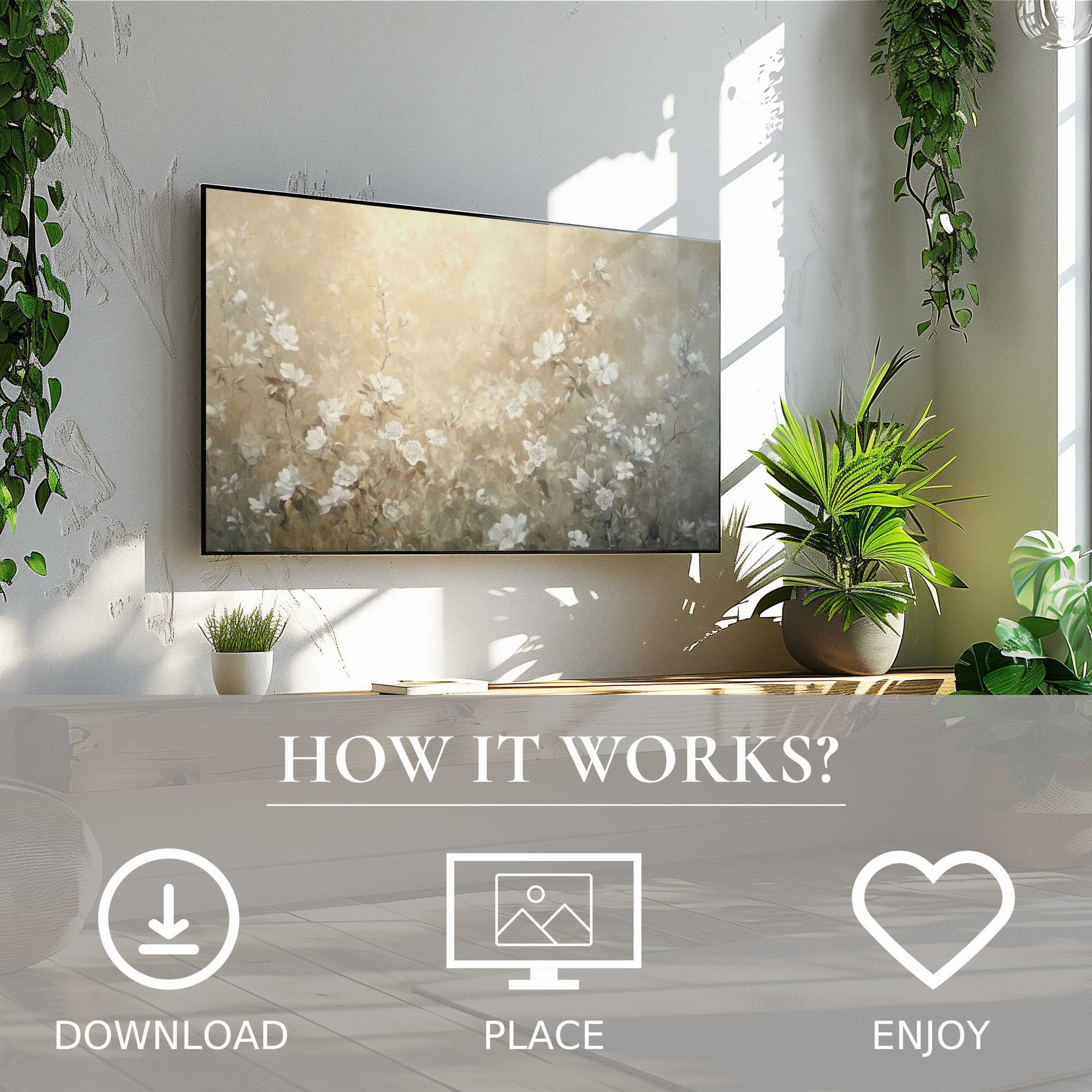 Botanical art for Samsung TV with soft beige floral motif, easy digital download enriches modern living spaces