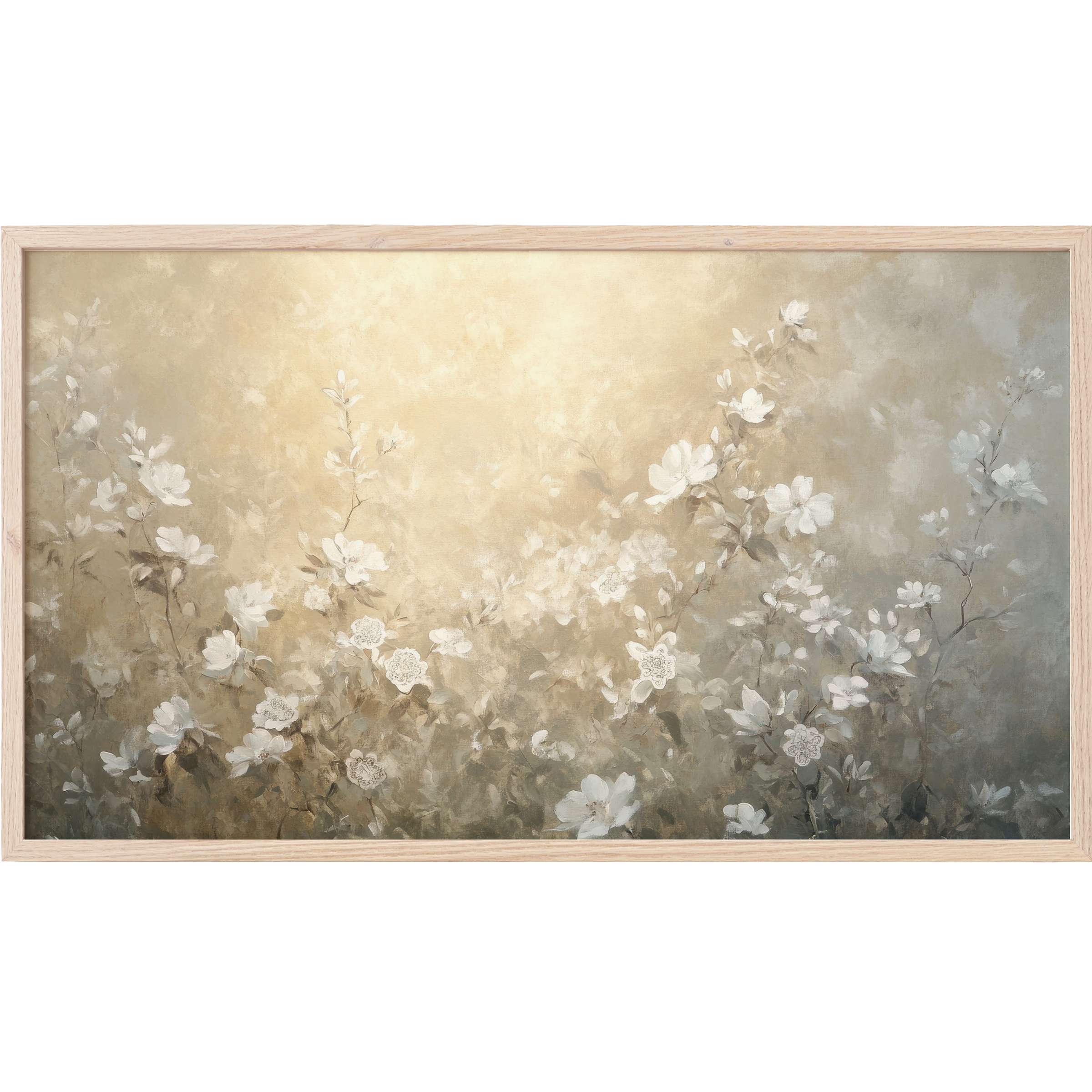 Soft white blossoms blend into warm beige and gray tones in this elegant botanical Frame TV Art