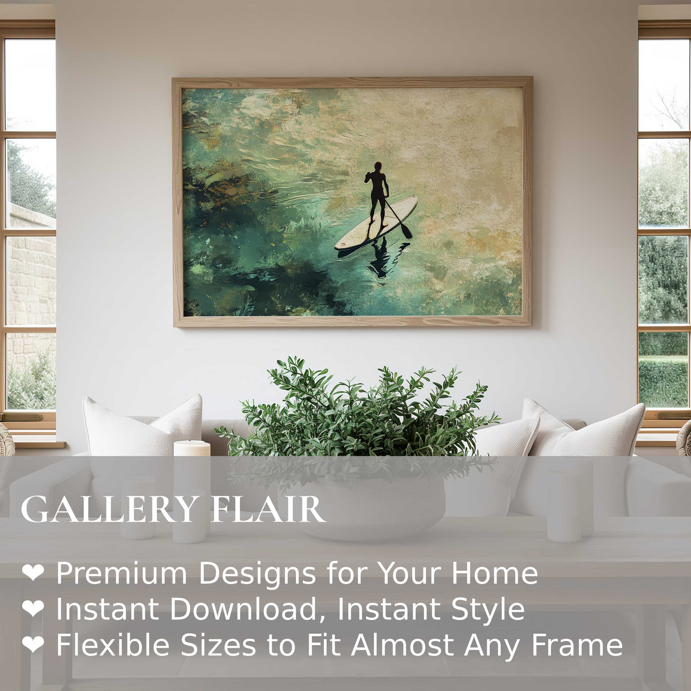 Calm and radiant beach wall art print featuring lone paddleboarder in serene aqua tones, enhancing minimalist, modern living spaces