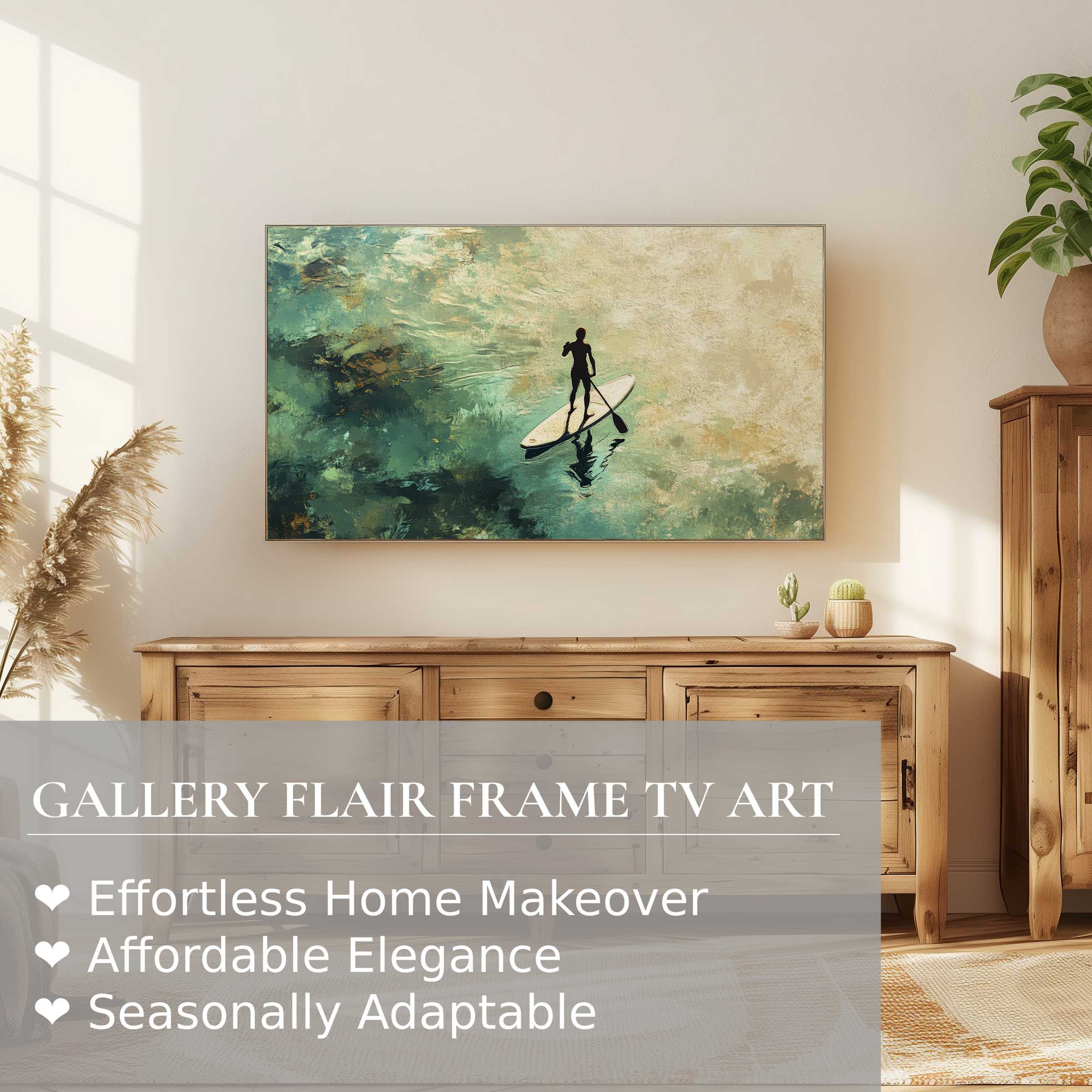Samsung Frame TV displaying a serene beach digital artwork with paddleboarder in soft, modern earthy tones
