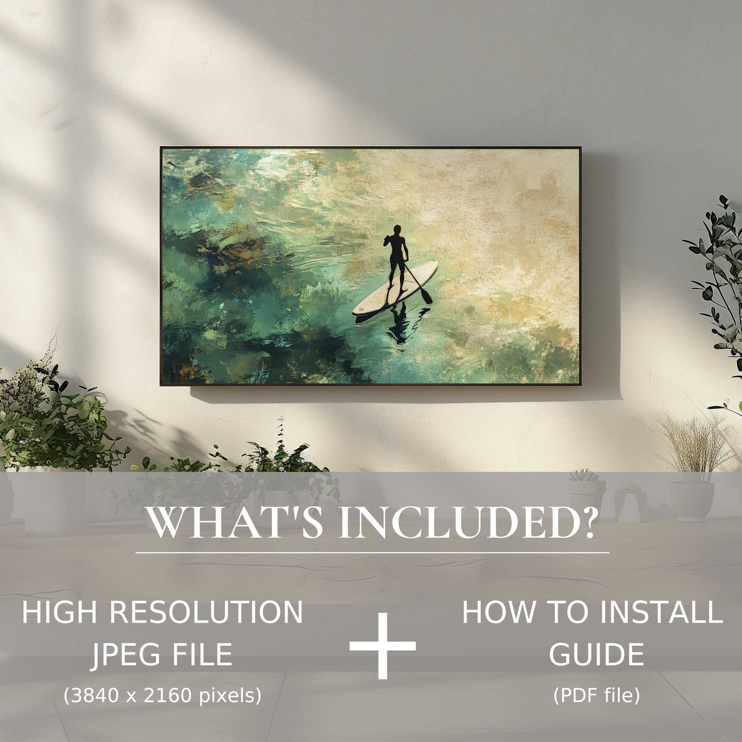 Chic living space enhanced by beach digital TV art download, offering effortless digital use and serene style