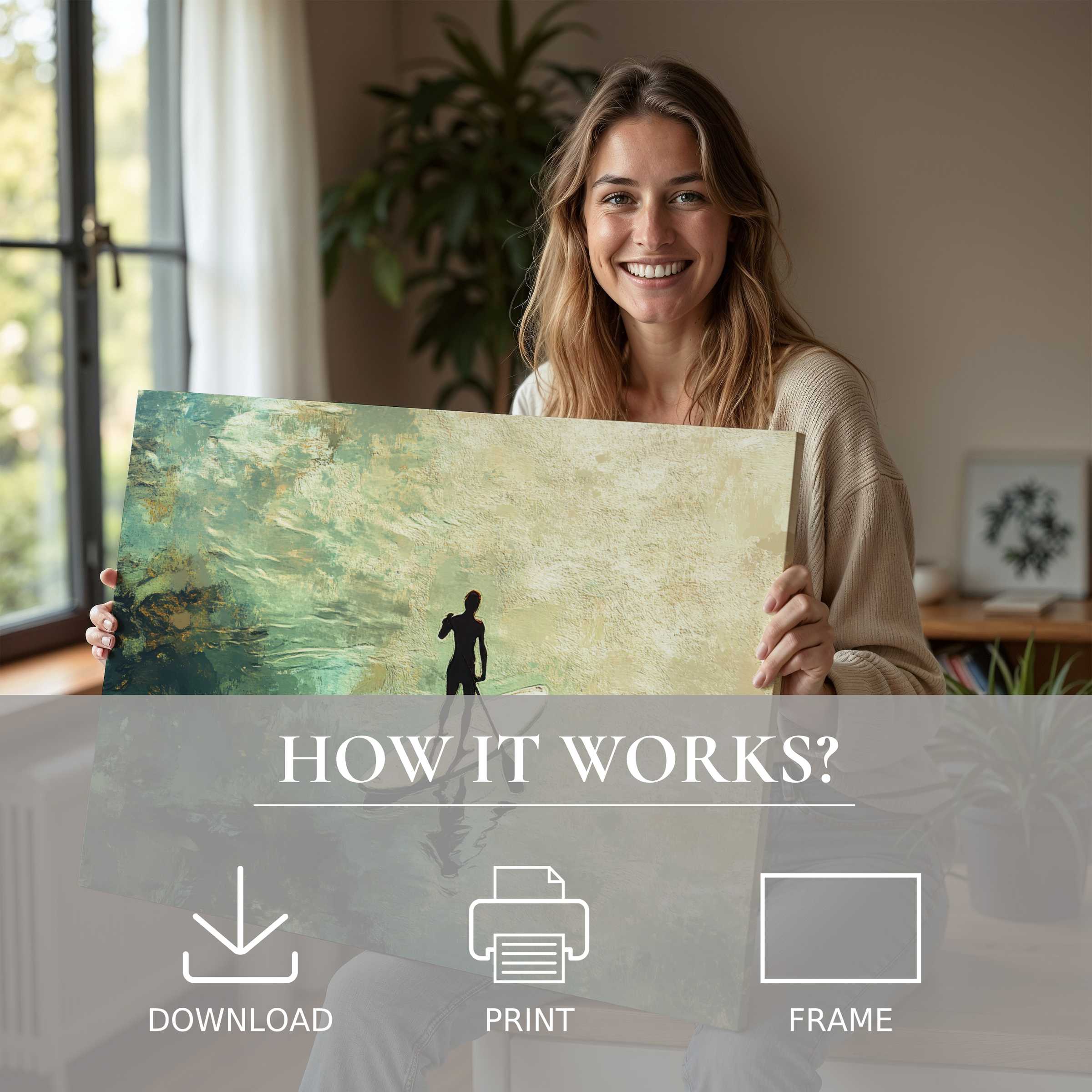 Joyful connection in a modern home, embracing the serene beauty of a beach digital art print’s effortless elegance