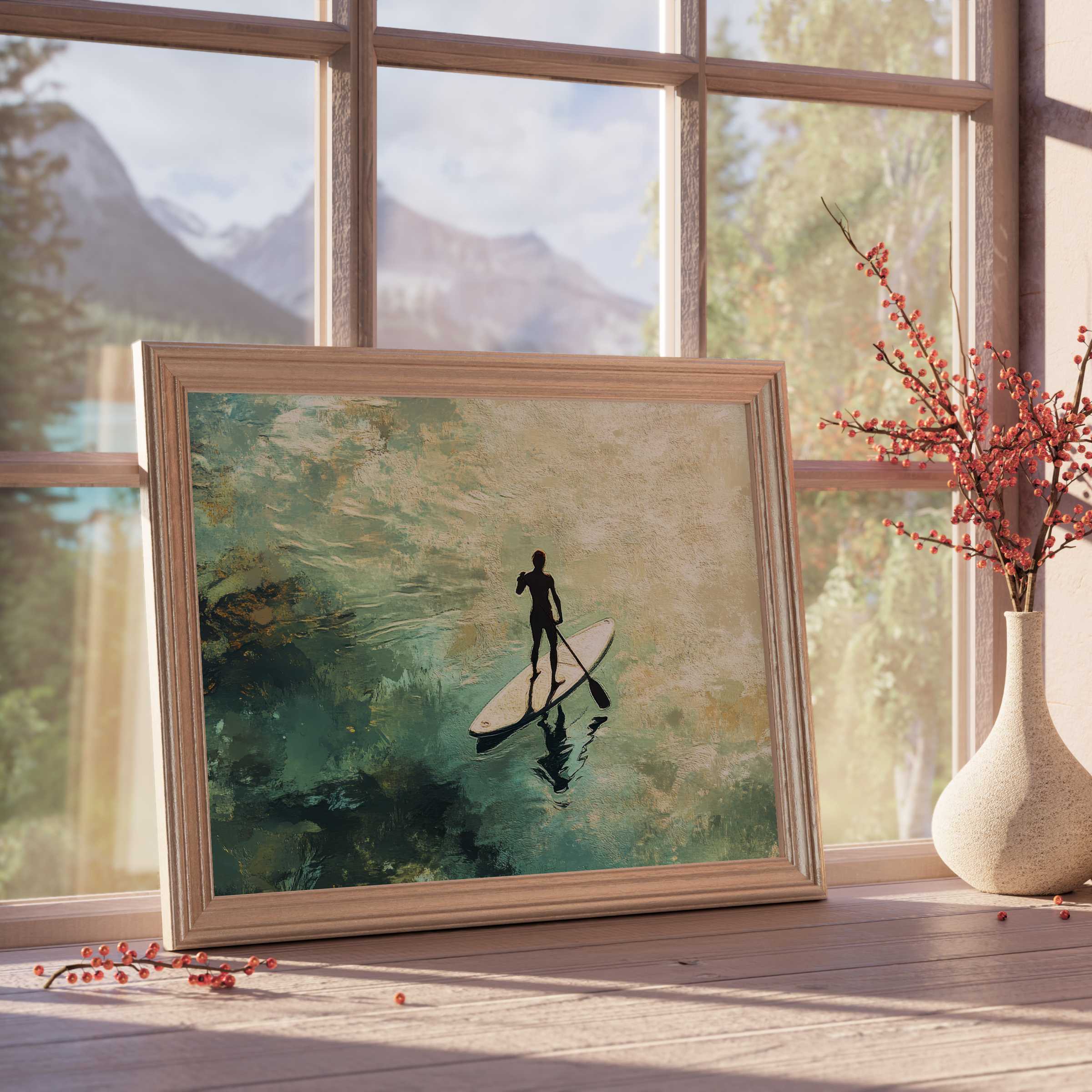 Serene beach downloadable art capturing tranquil paddleboarding in soft aquas and warm neutrals, perfect for elegant coastal interiors